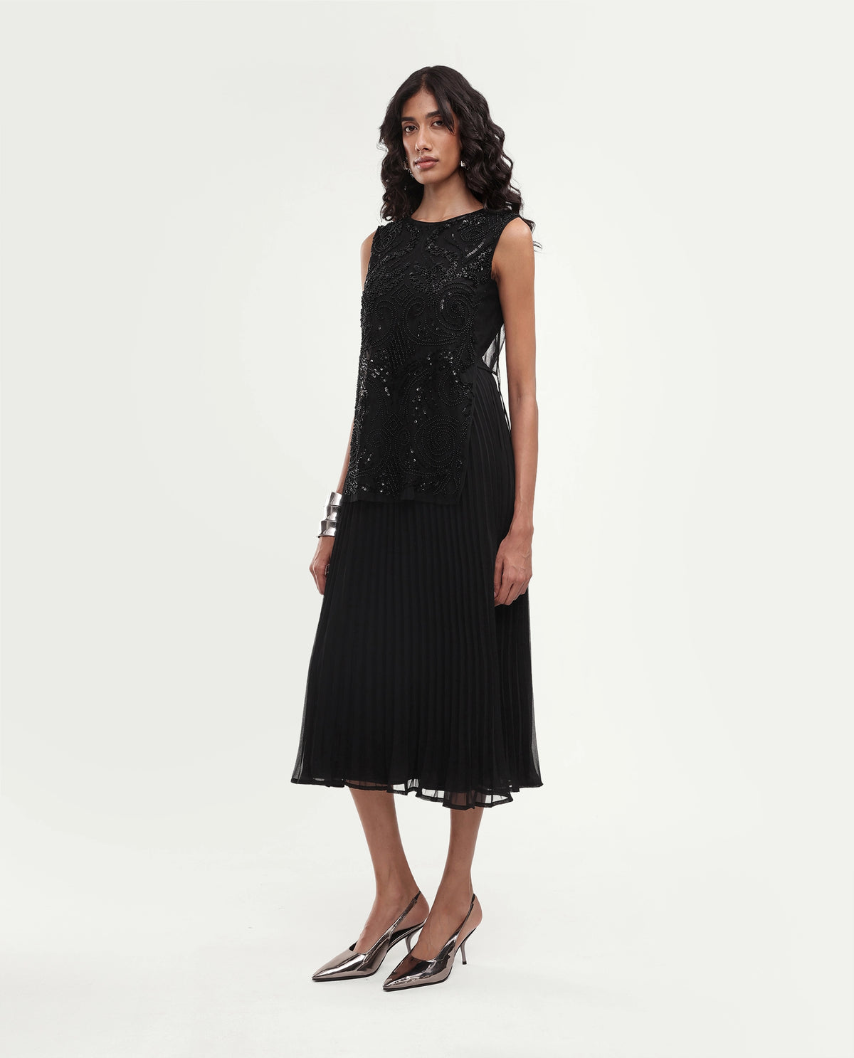 Rareism Women's Gupko Primary Black Polyester Crew Neck Fit And Flare Embroidered Dress