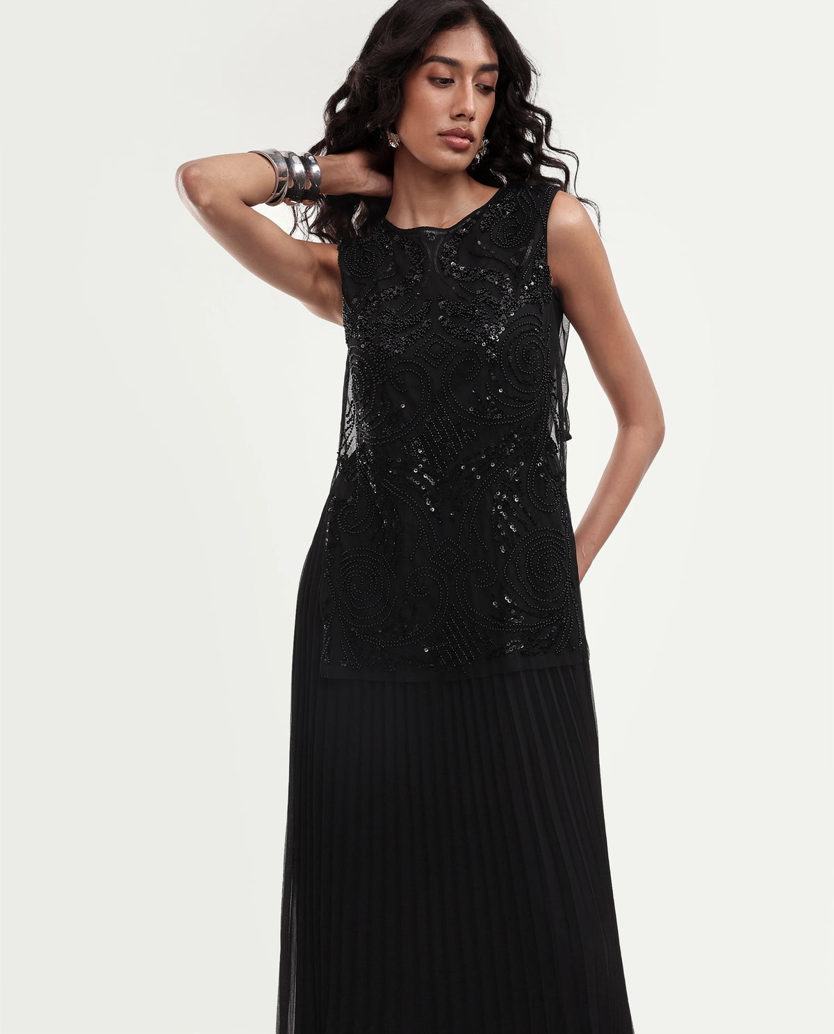 Rareism Women's Gupko Primary Black Polyester Crew Neck Fit And Flare Embroidered Dress