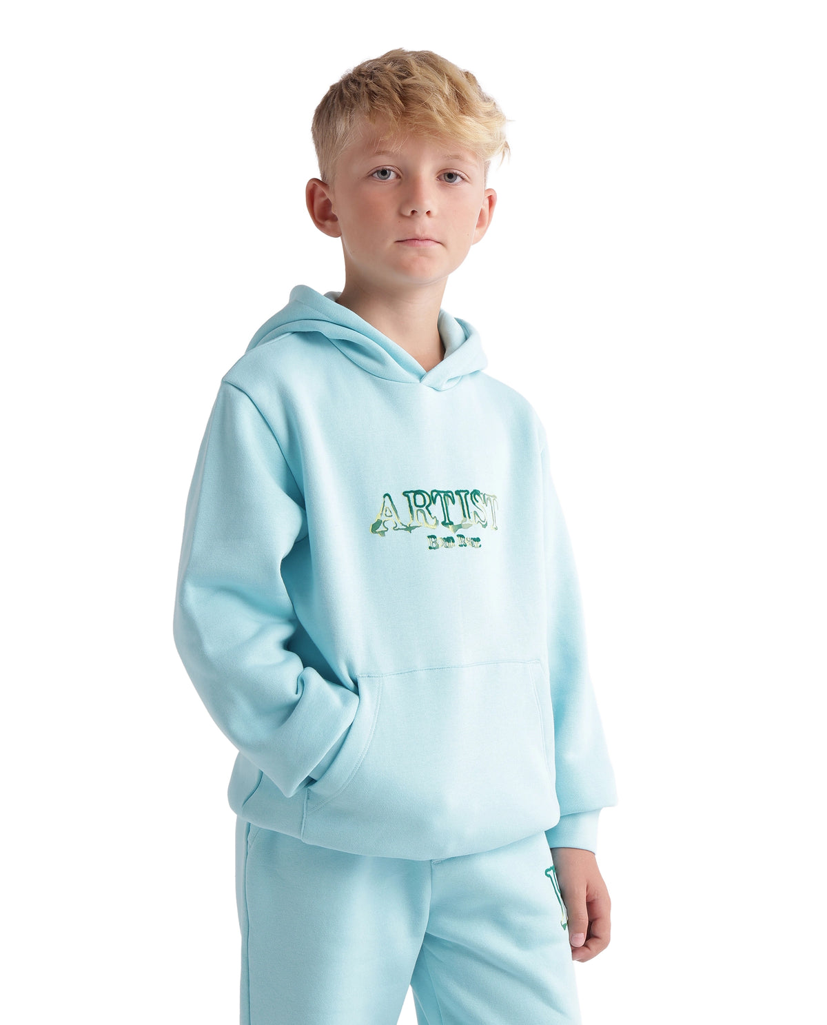 Rare Ones Kids Blane Pastel Blue Cotton Blend Fabric Hooded Pull-On Closure Oversized Fit Flock Print Sweatshirt