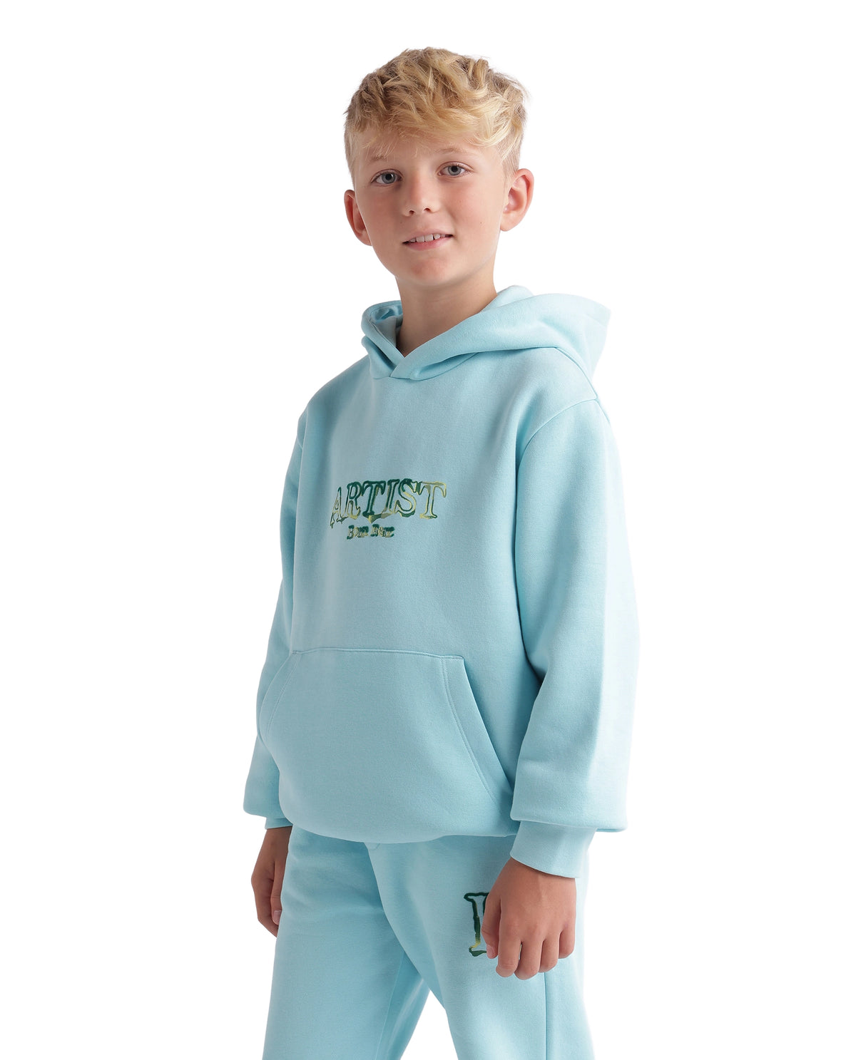 Rare Ones Kids Blane Pastel Blue Cotton Blend Fabric Hooded Pull-On Closure Oversized Fit Flock Print Sweatshirt