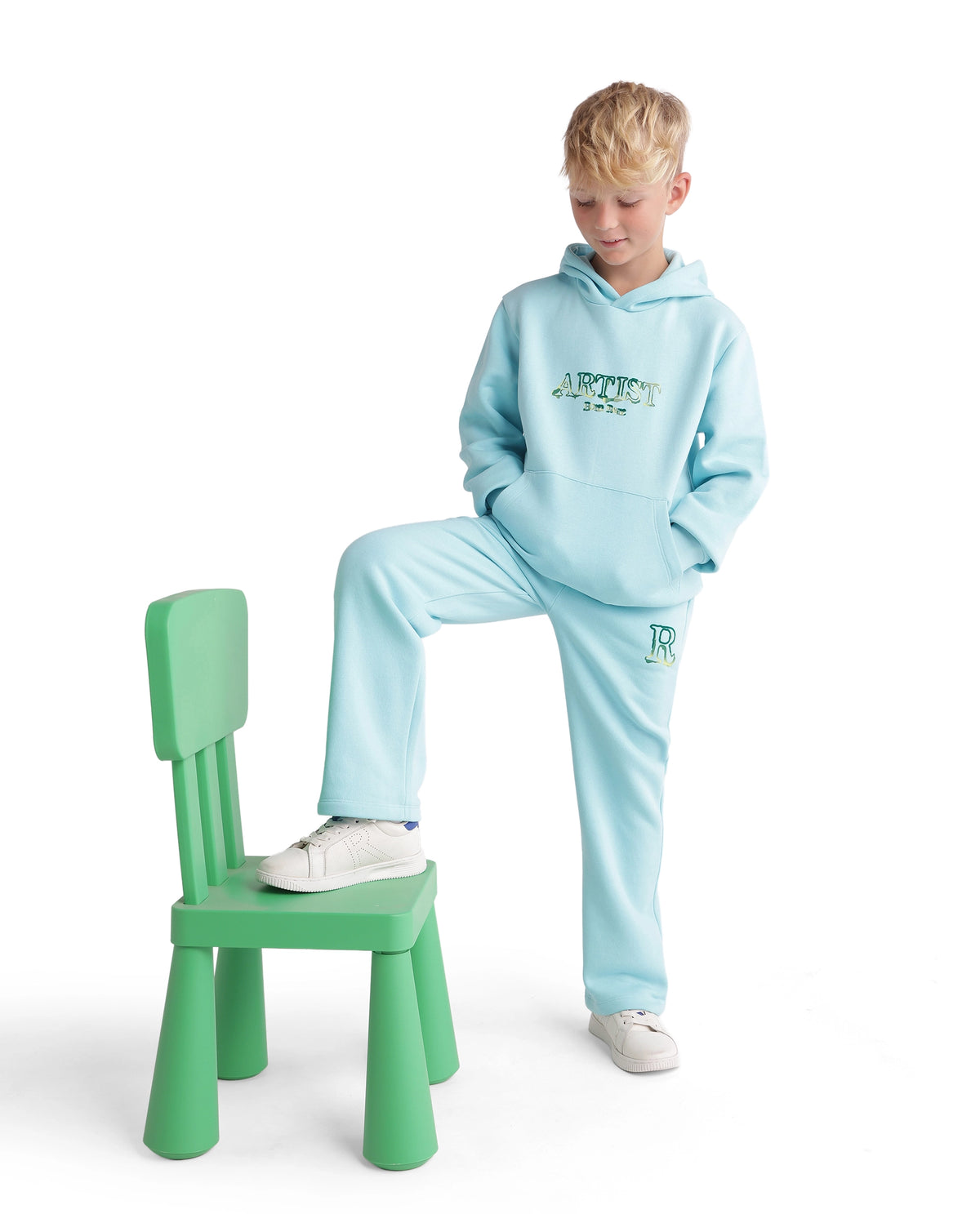 Rare Ones Kids Blane Pastel Blue Cotton Blend Fabric Hooded Pull-On Closure Oversized Fit Flock Print Sweatshirt