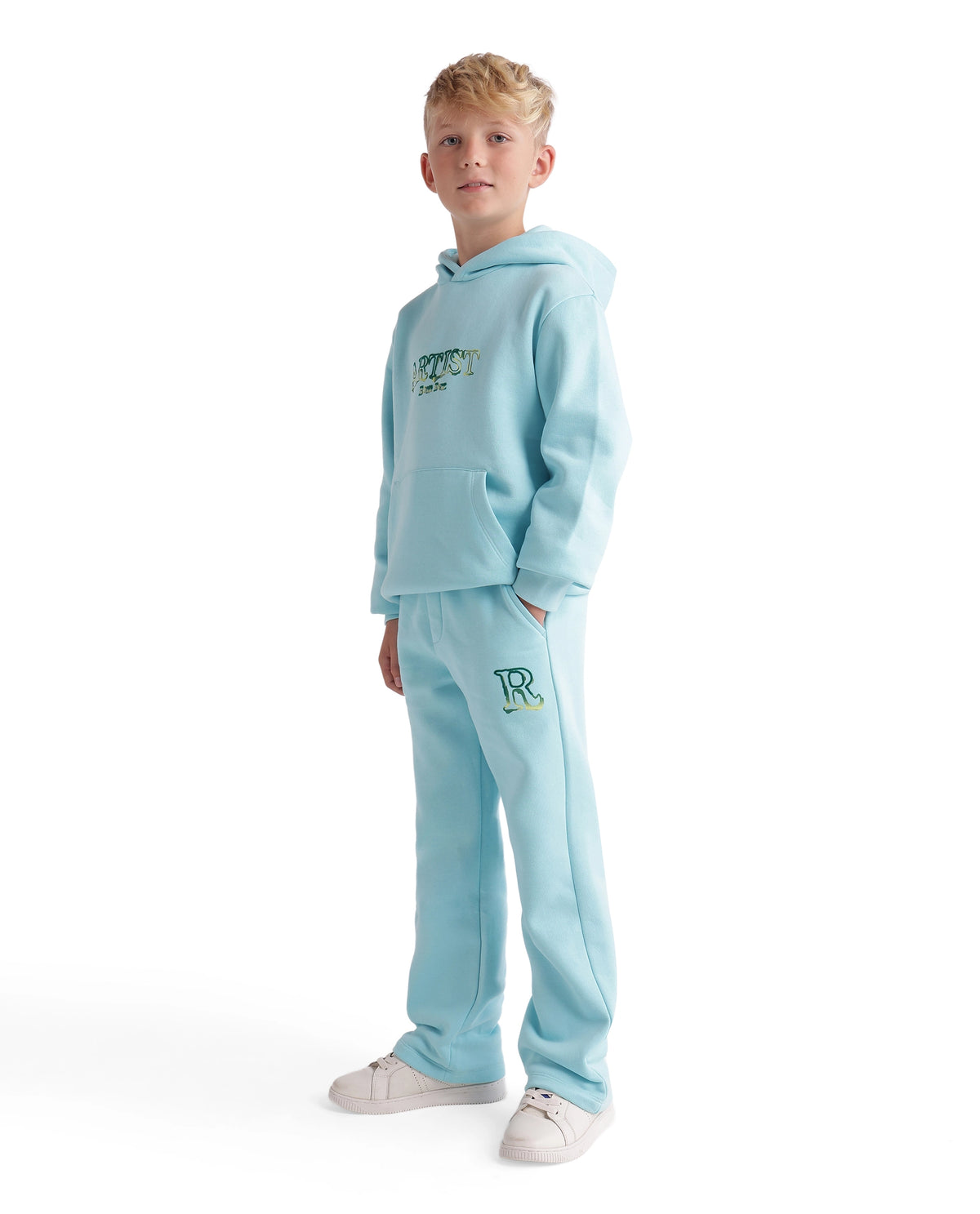 Rare Ones Kids Blane-B Pastel Blue Cotton Blend Fabric Drawstring Closure Straight Fit Flock Print Track Pant