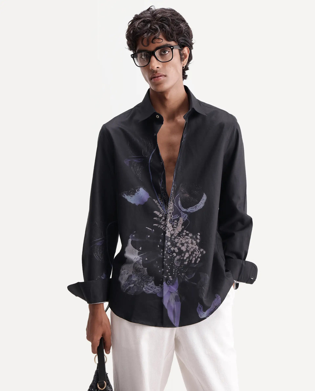 Rare Rabbit Men's Lumo Dark Black Cotton Blend Spread Collar Regular Abstract Print Shirt
