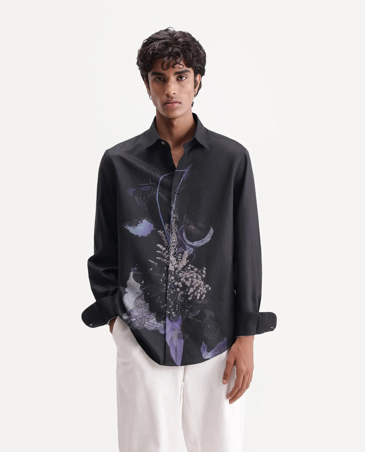 Rare Rabbit Men's Lumo Dark Black Cotton Blend Spread Collar Regular Abstract Print Shirt