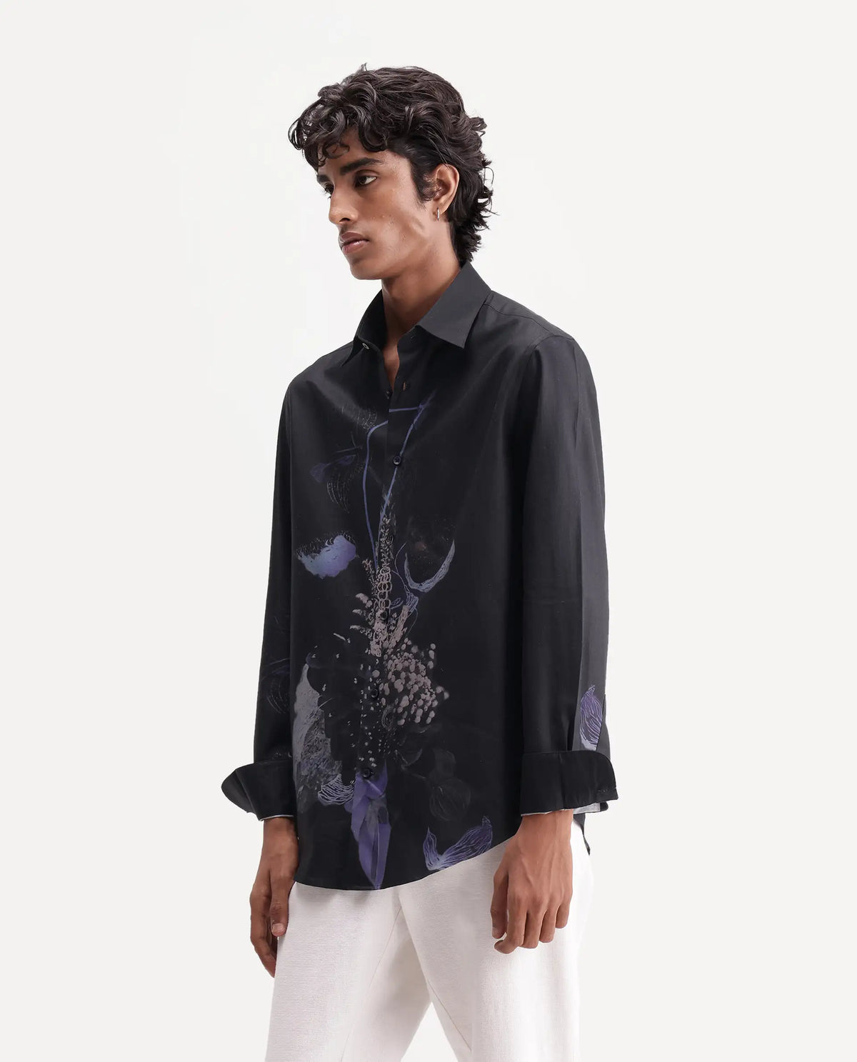 Rare Rabbit Men's Lumo Dark Black Cotton Blend Spread Collar Regular Abstract Print Shirt