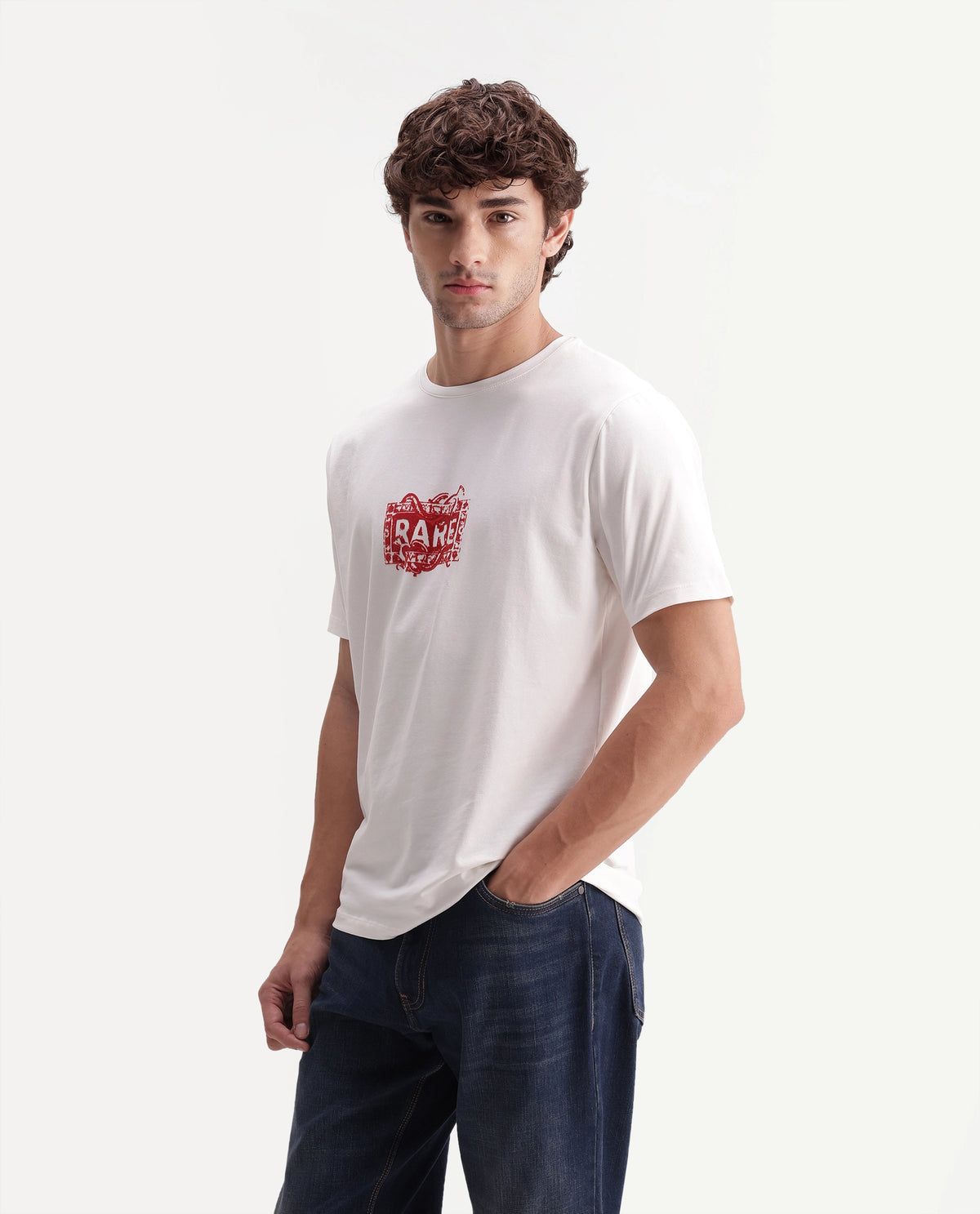 Rare Rabbit Men's Delos Off White Cotton Blend Crew Neck Regular Graphic Print T-Shirt