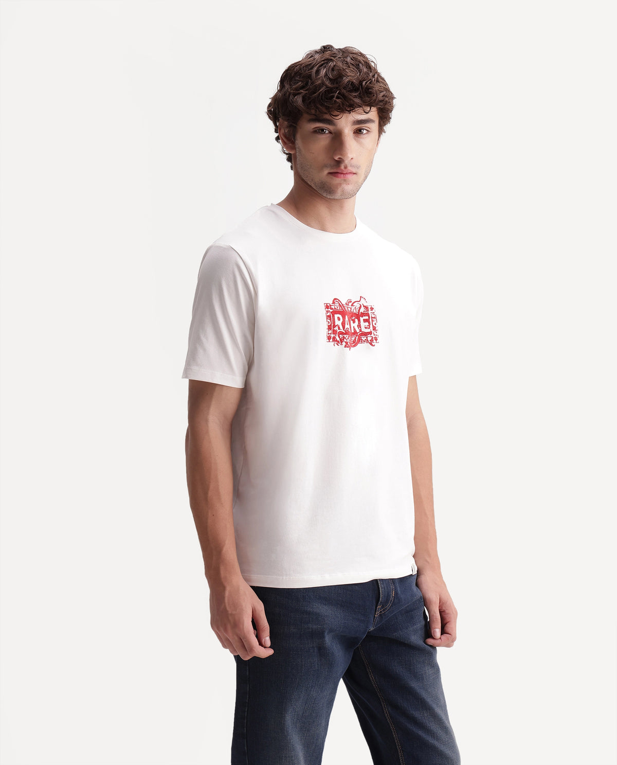 Rare Rabbit Men's Delos Off White Cotton Blend Crew Neck Regular Graphic Print T-Shirt