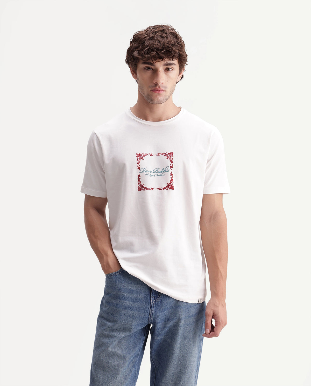 Rare Rabbit Men's Zante Off White Cotton Blend Crew Neck Regular Graphic Print T-Shirt