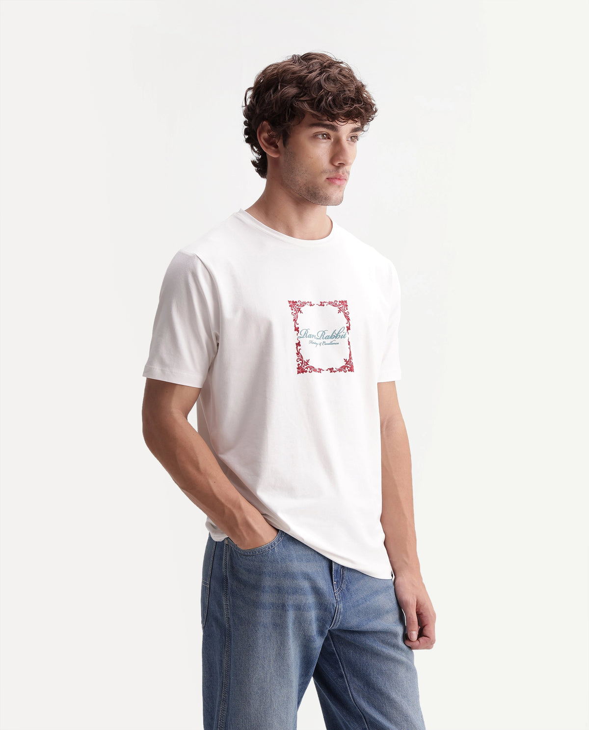 Rare Rabbit Men's Zante Off White Cotton Blend Crew Neck Regular Graphic Print T-Shirt