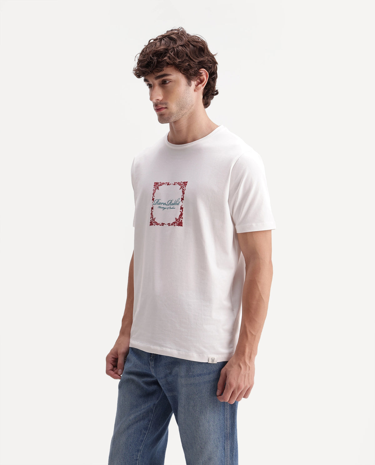 Rare Rabbit Men's Zante Off White Cotton Blend Crew Neck Regular Graphic Print T-Shirt