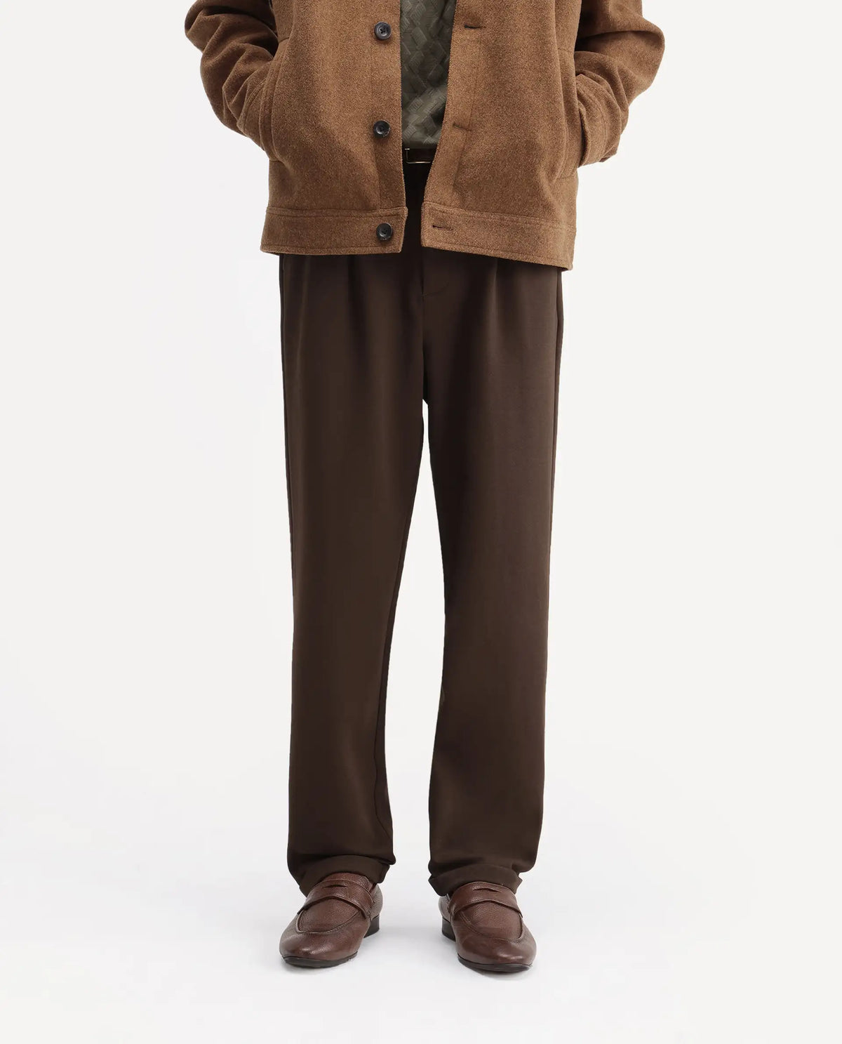 Rare Rabbit Men's Zor Dark Brown Cotton Blend  Relaxed Plain Trouser