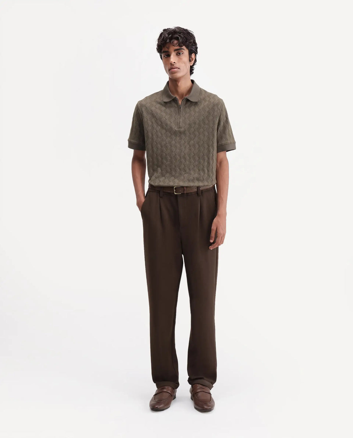 Rare Rabbit Men's Zor Dark Brown Cotton Blend  Relaxed Plain Trouser