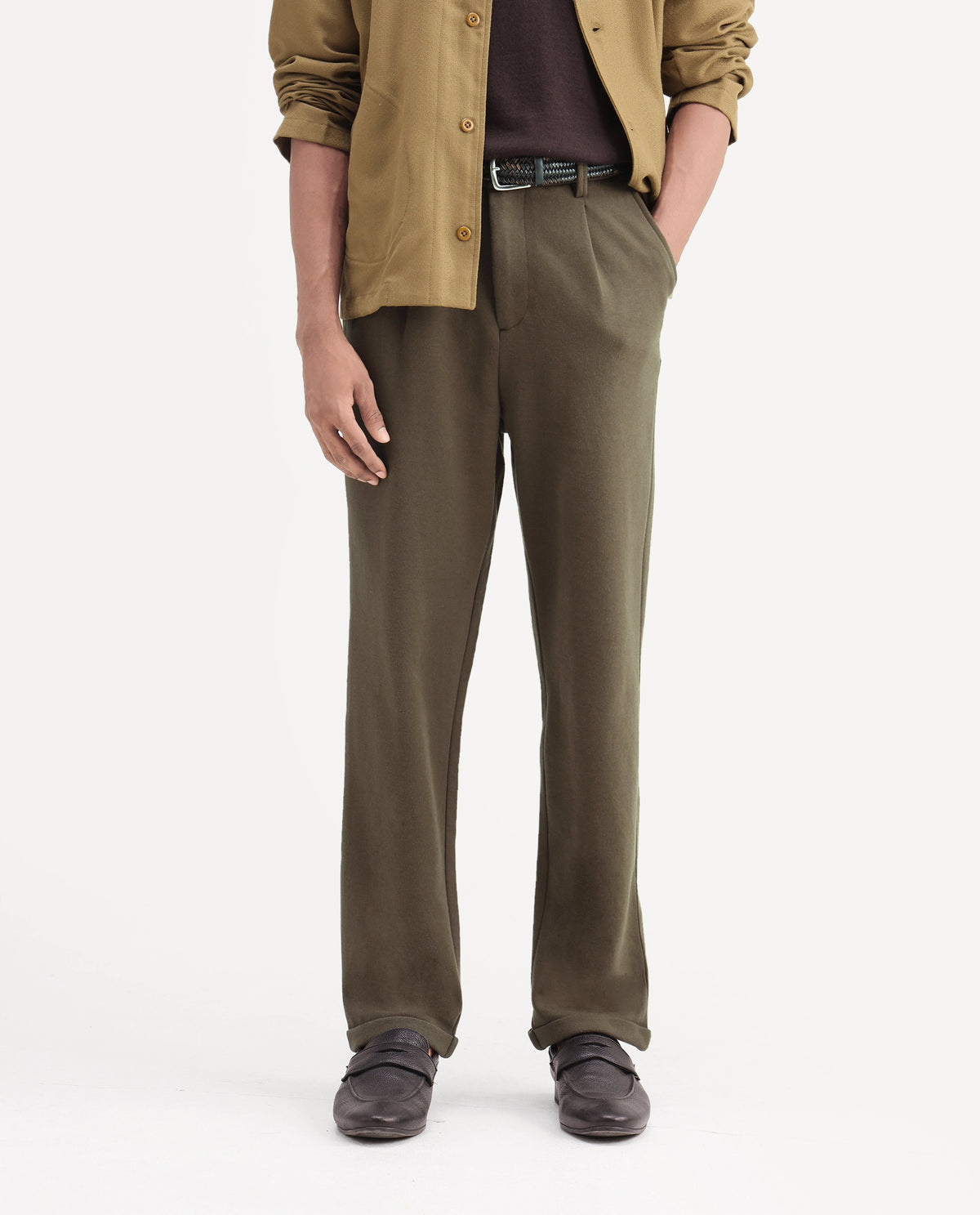 Rare Rabbit Men's Zeko Olive Cotton Blend  Straight Plain Trouser
