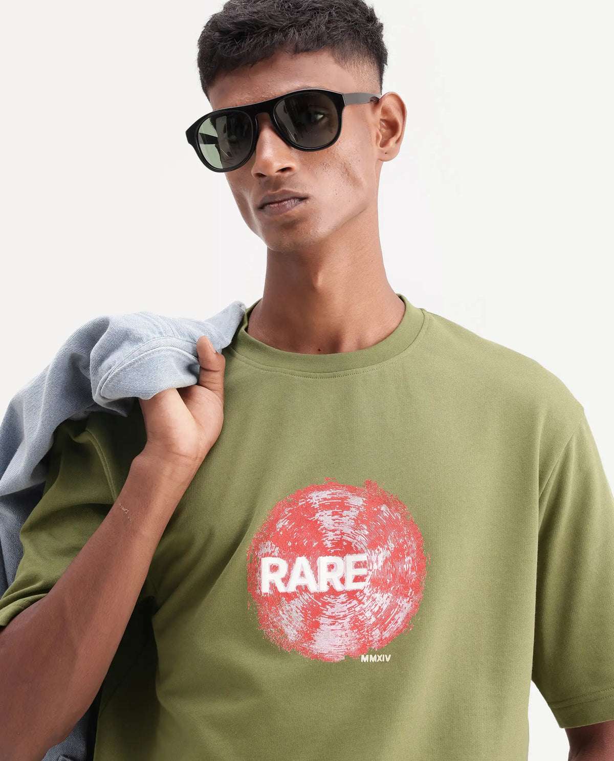 Rare Rabbit Men's Solane Dusky Olive Cotton Crew Neck Relaxed Graphic Print T-Shirt