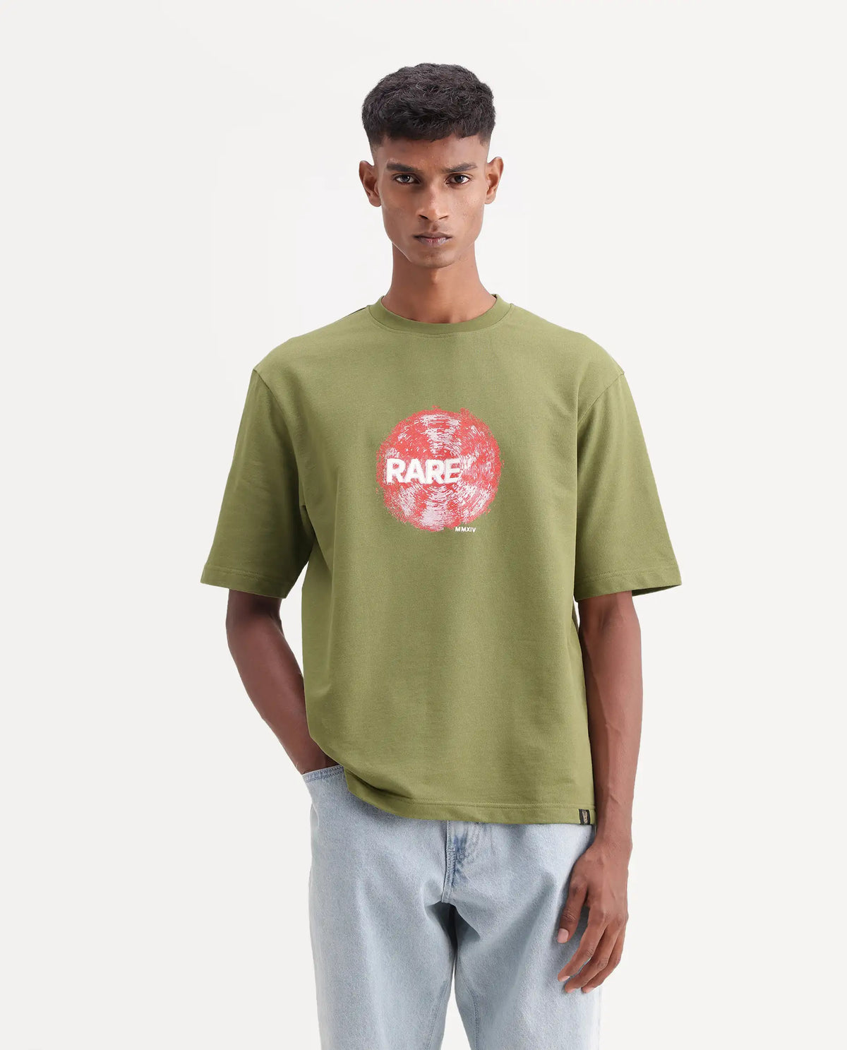 Rare Rabbit Men's Solane Dusky Olive Cotton Crew Neck Relaxed Graphic Print T-Shirt