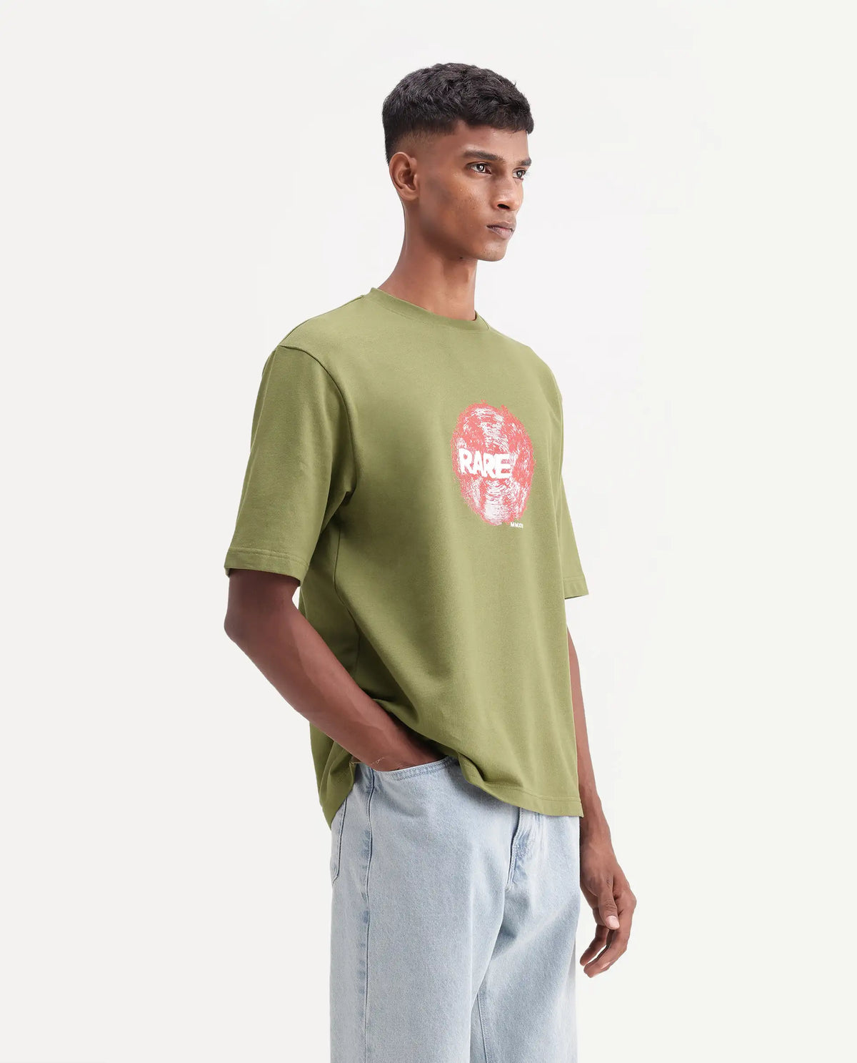 Rare Rabbit Men's Solane Dusky Olive Cotton Crew Neck Relaxed Graphic Print T-Shirt