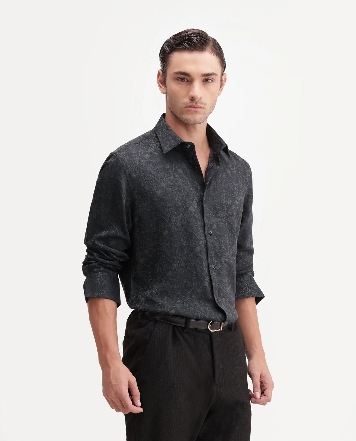 Rare Rabbit Men's Tex Dark Grey Polyester Blend Spread Collar Regular Jacquard Shirt