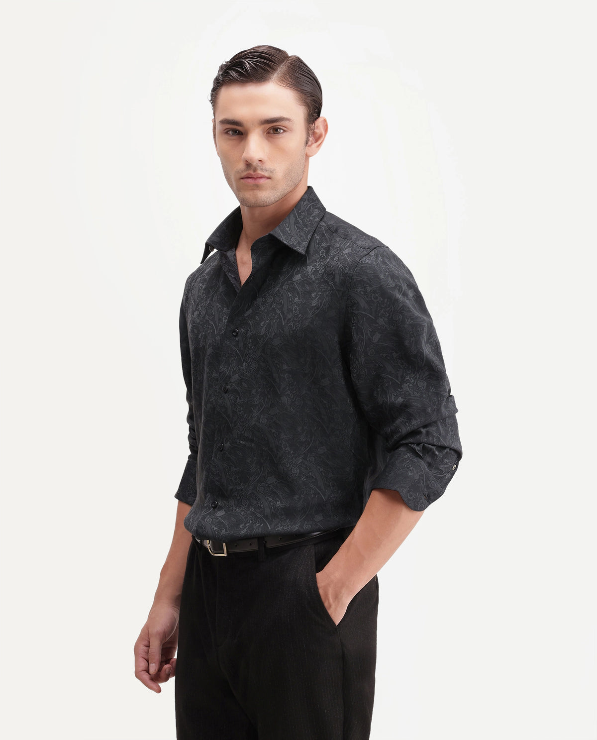 Rare Rabbit Men's Tex Dark Grey Polyester Blend Spread Collar Regular Jacquard Shirt