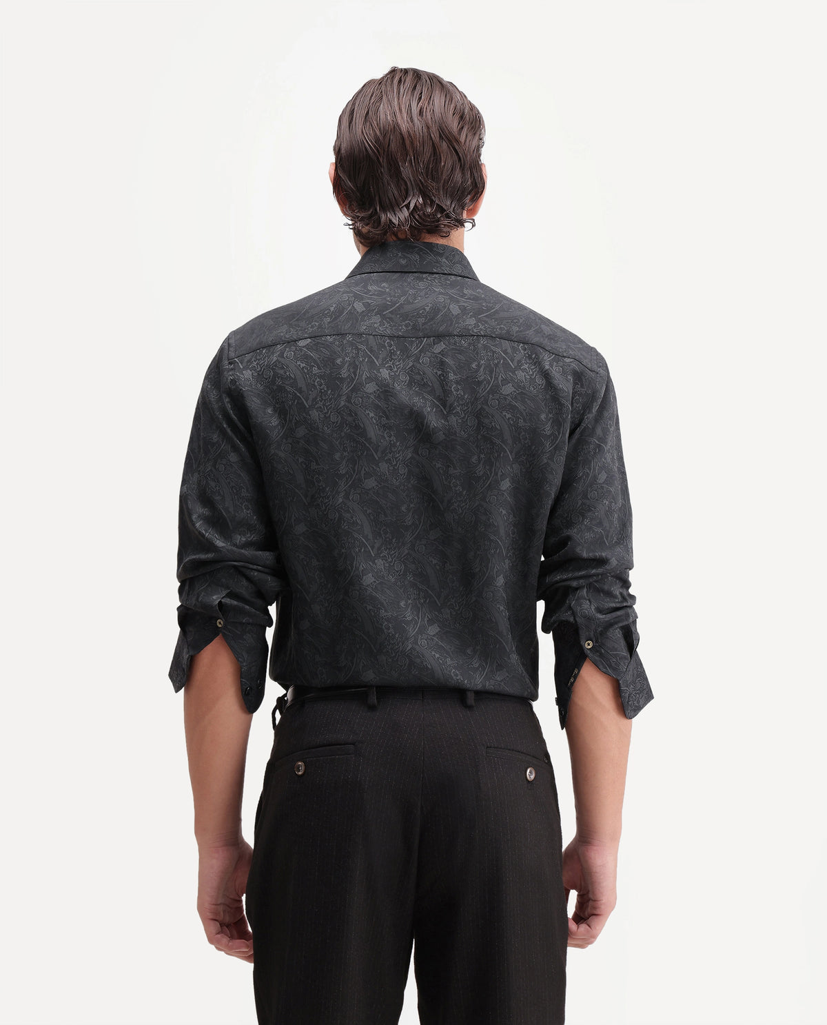 Rare Rabbit Men's Tex Dark Grey Polyester Blend Spread Collar Regular Jacquard Shirt