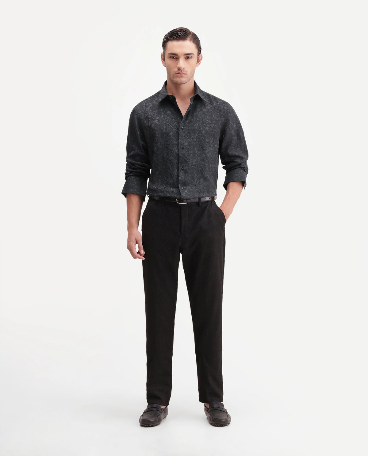 Rare Rabbit Men's Tex Dark Grey Polyester Blend Spread Collar Regular Jacquard Shirt