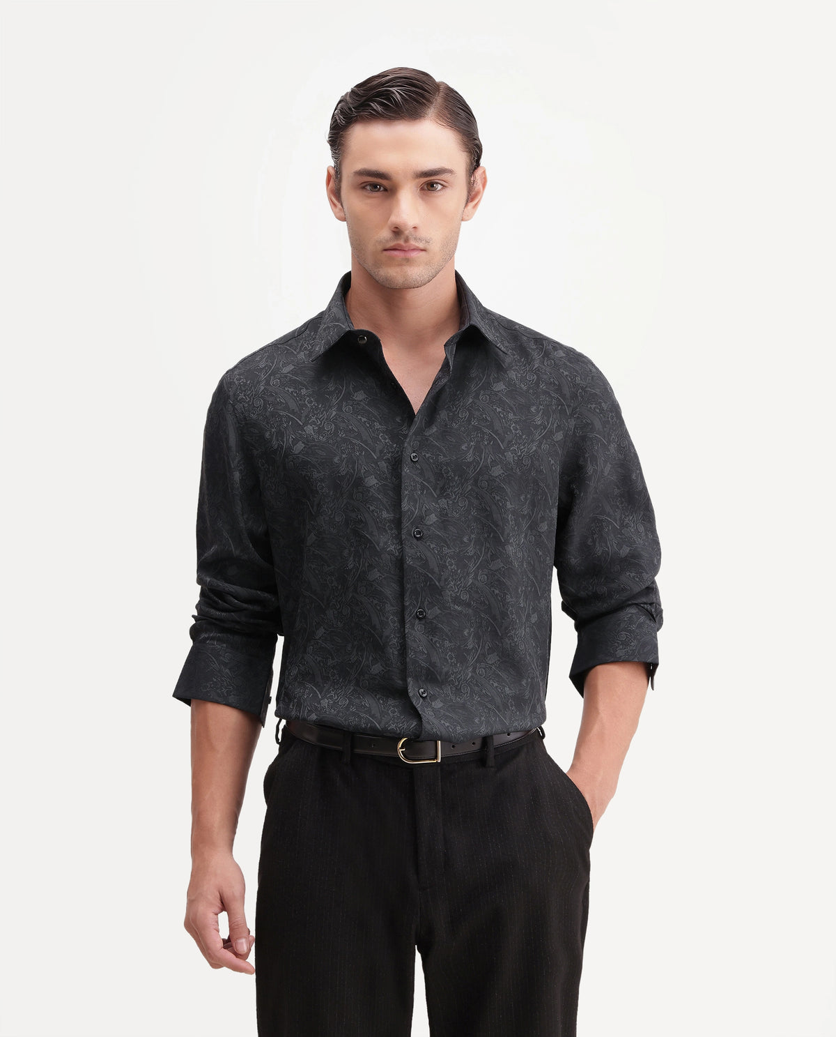 Rare Rabbit Men's Tex Dark Grey Polyester Blend Spread Collar Regular Jacquard Shirt