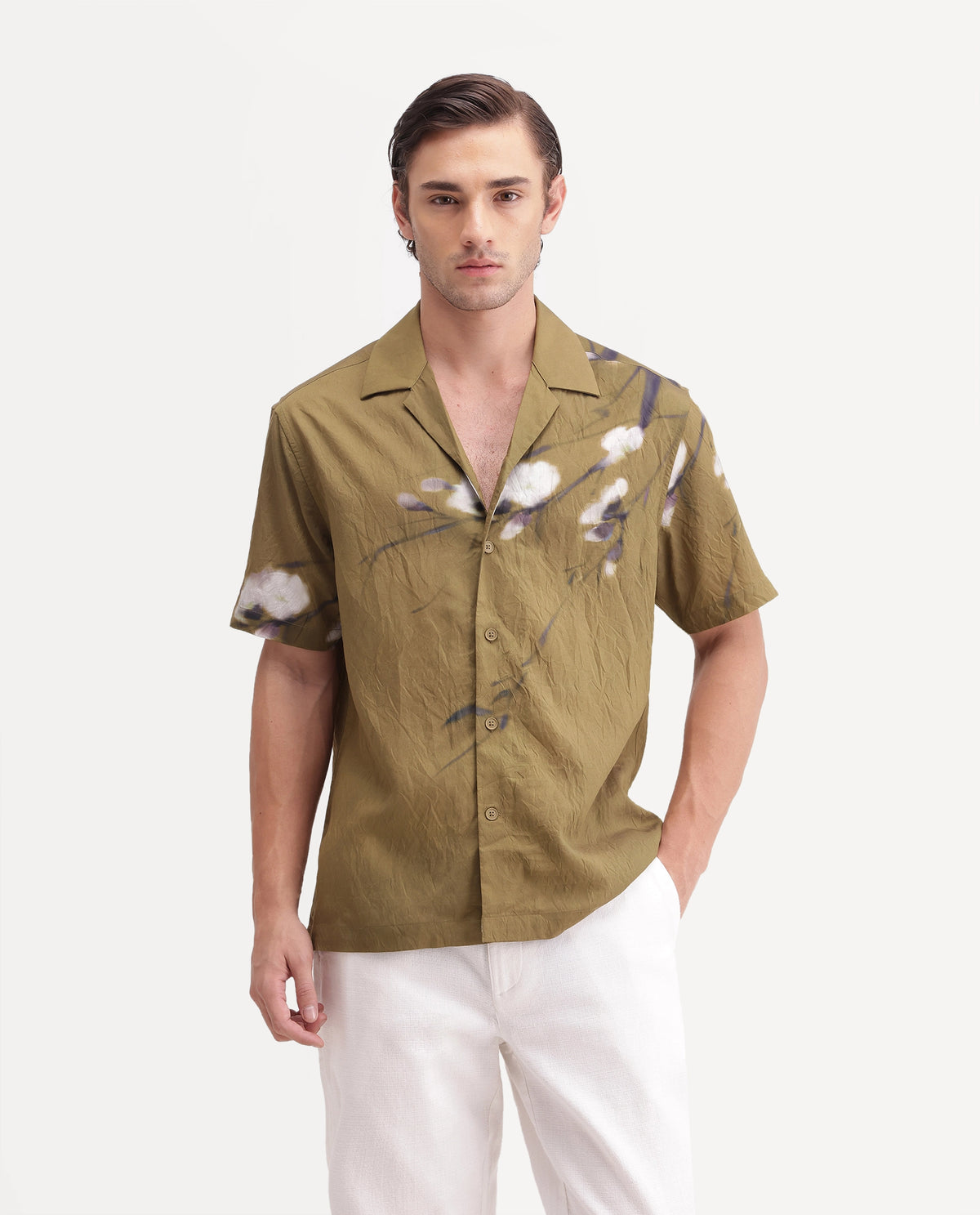 Rare Rabbit Men's Zovek-26 Light Green Viscose Blend Cuban Collar Relaxed Floral Print Shirt