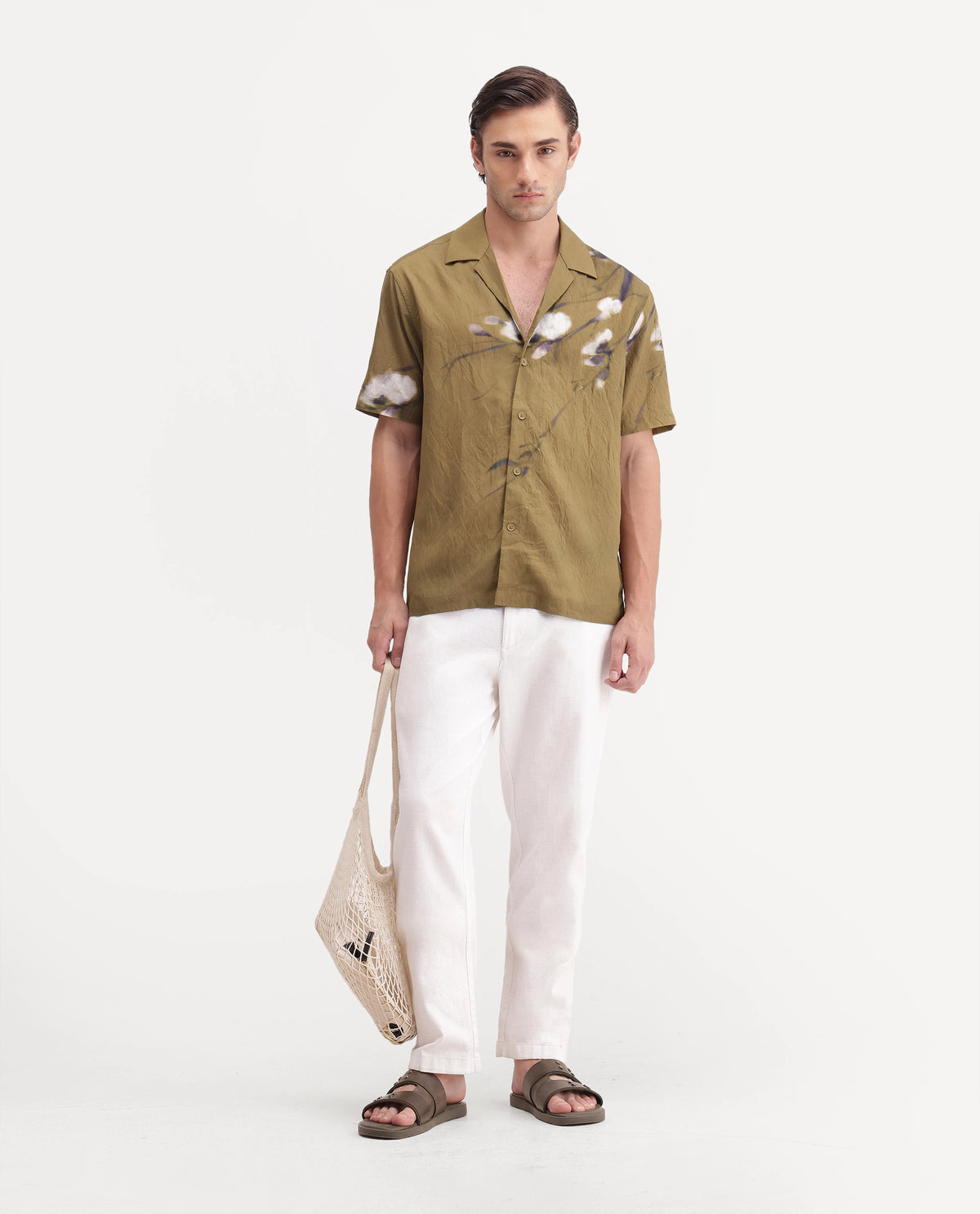 Rare Rabbit Men's Zovek-26 Light Green Viscose Blend Cuban Collar Relaxed Floral Print Shirt