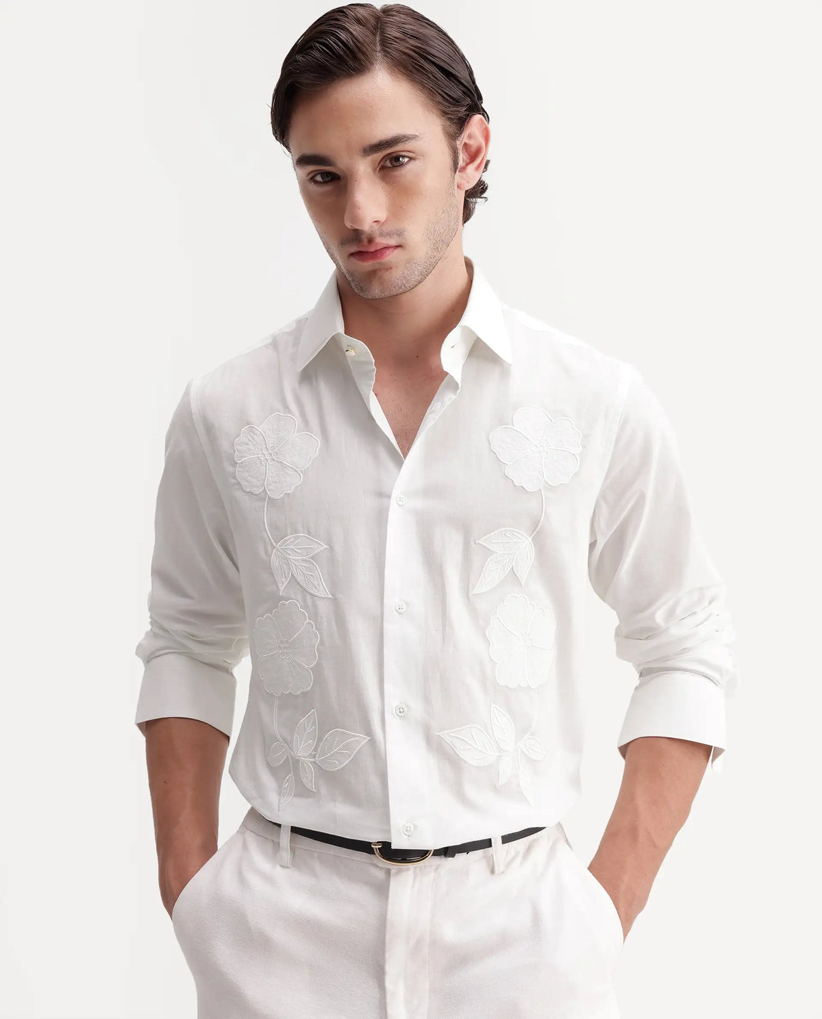 Rare Rabbit Men's Flom White Cotton Spread Collar Regular Embroidered Shirt