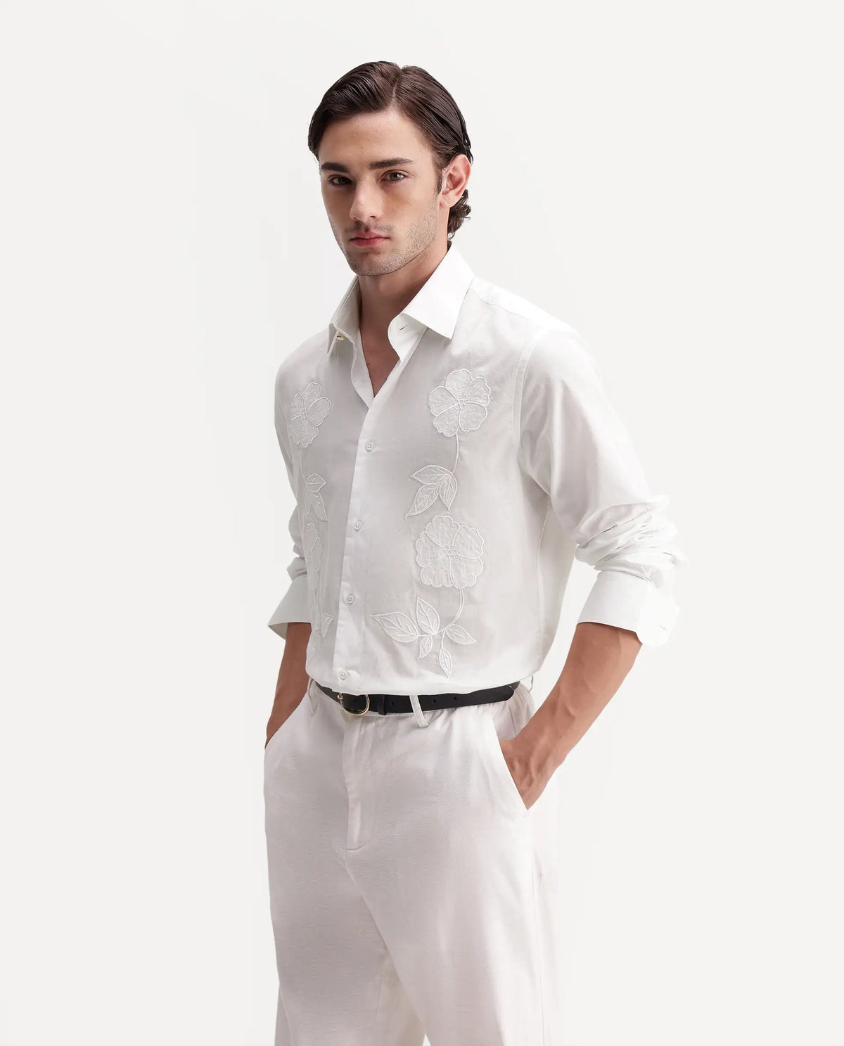 Rare Rabbit Men's Flom White Cotton Spread Collar Regular Embroidered Shirt