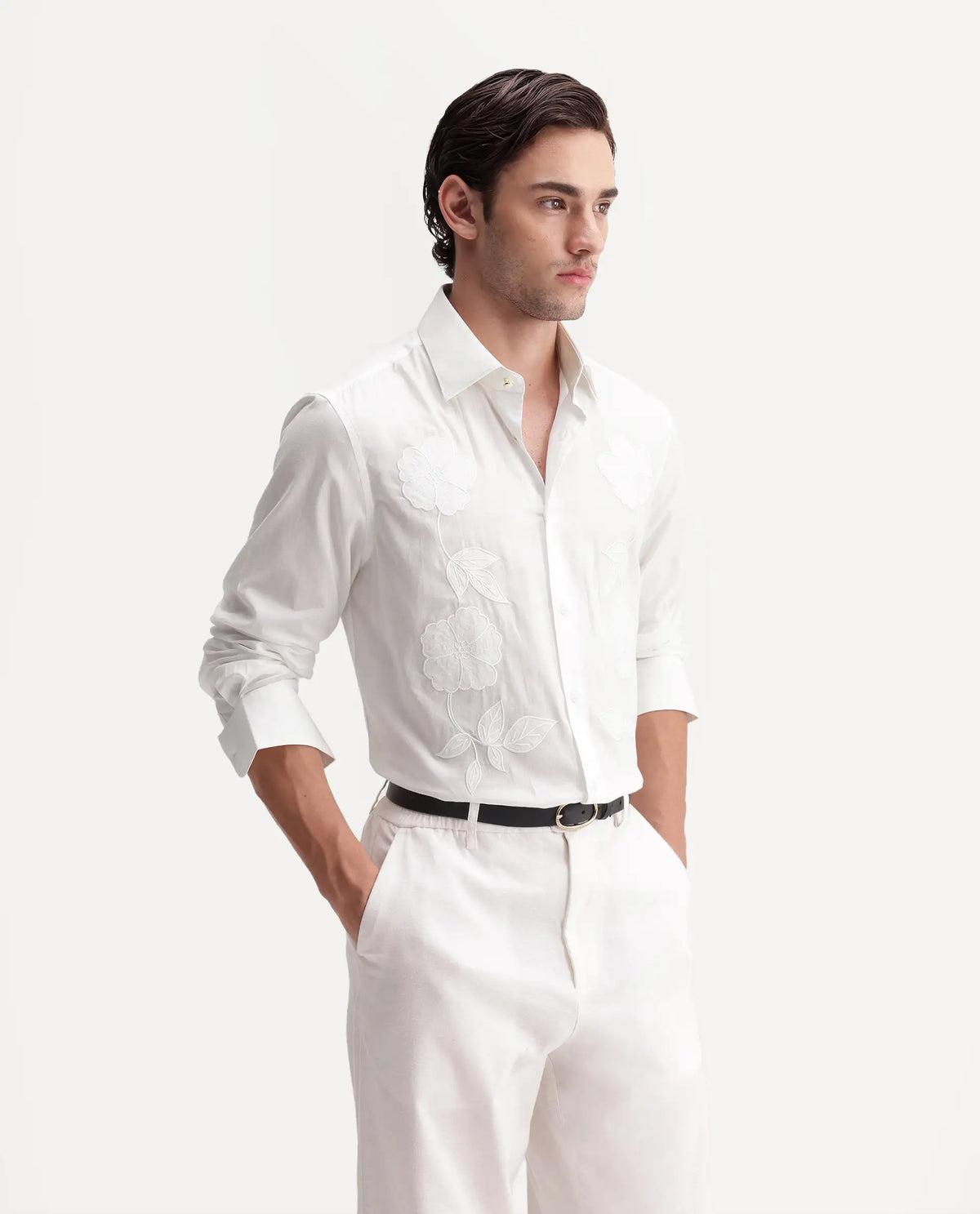 Rare Rabbit Men's Flom White Cotton Spread Collar Regular Embroidered Shirt