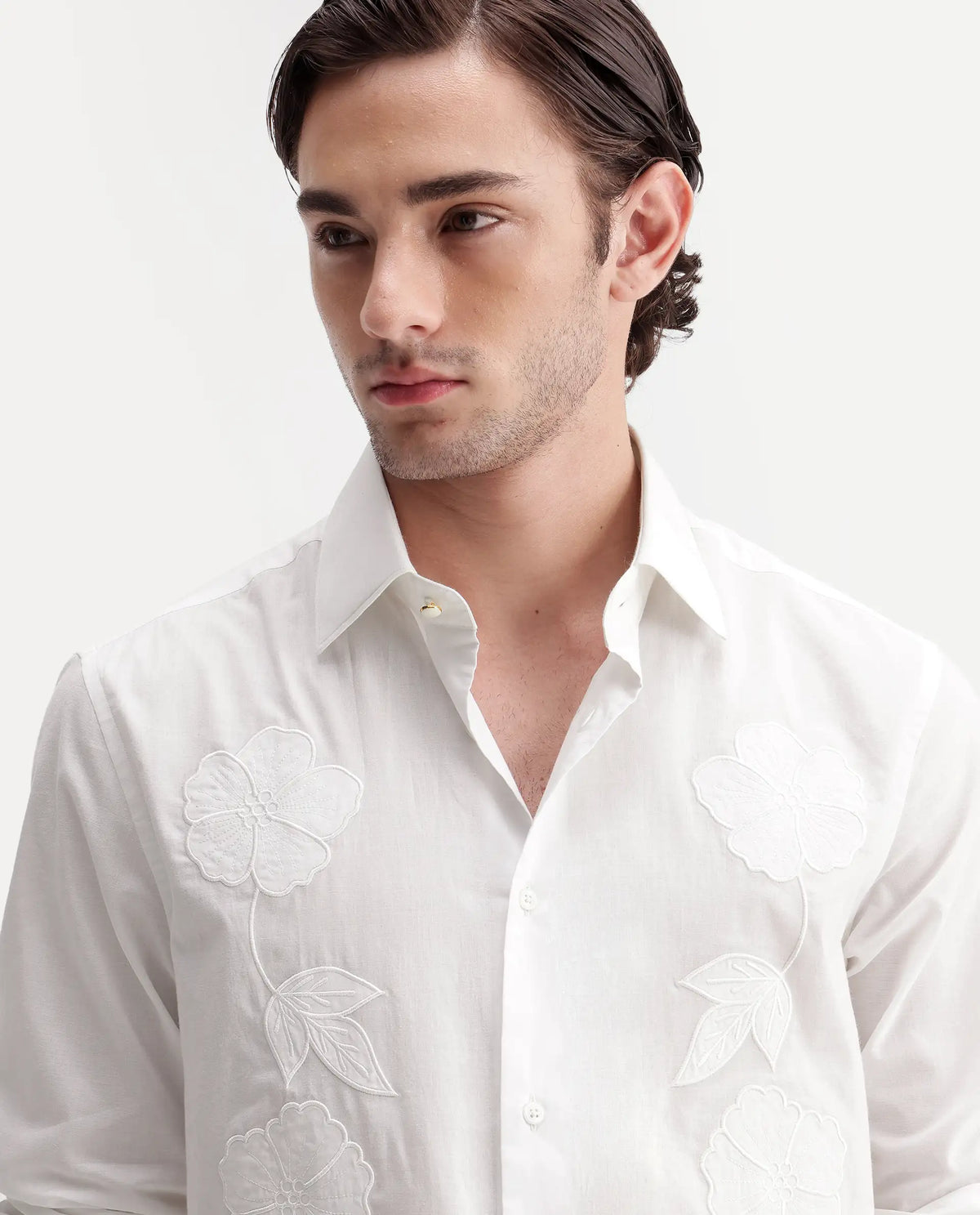 Rare Rabbit Men's Flom White Cotton Spread Collar Regular Embroidered Shirt