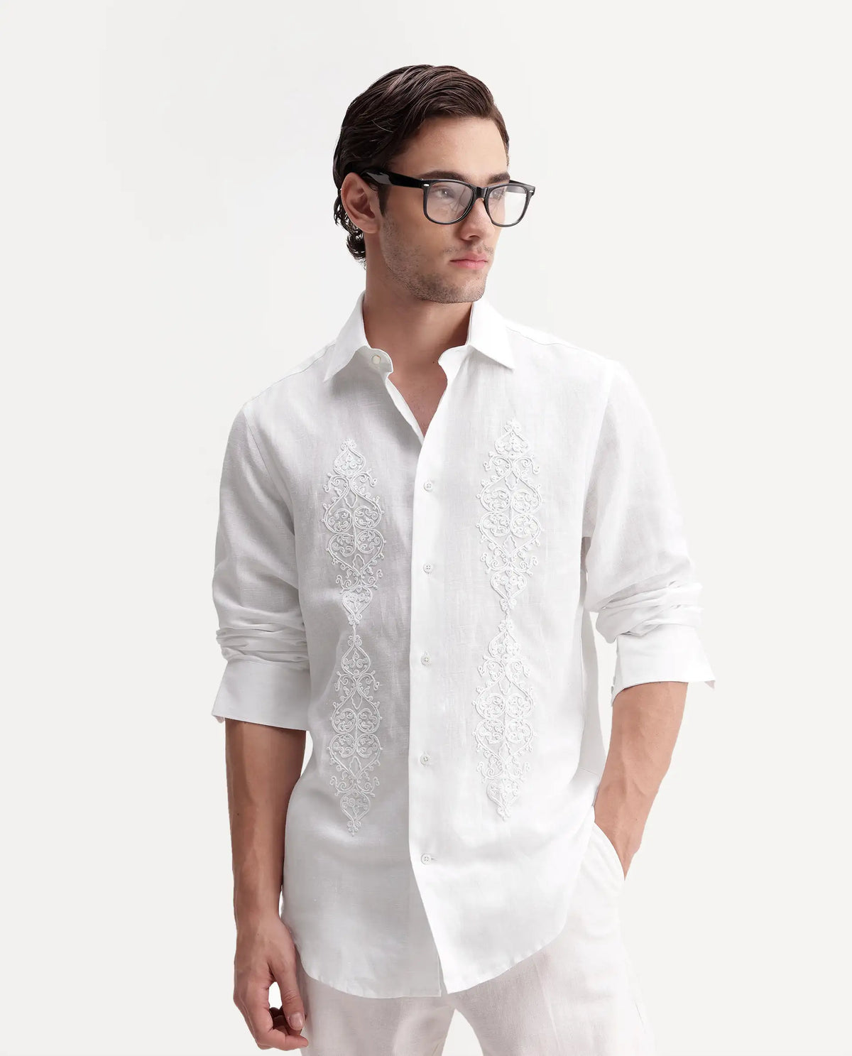 Rare Rabbit Men's Nong White Linen Blend Spread Collar Regular Embroidered Shirt