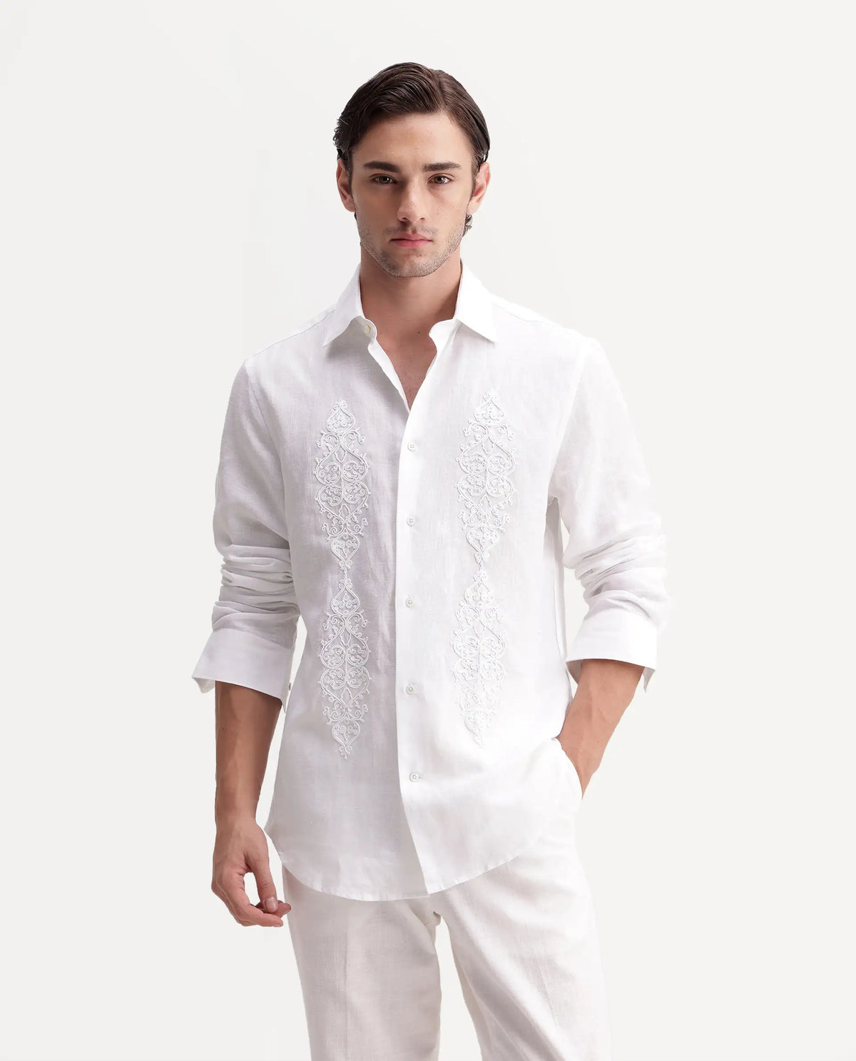 Rare Rabbit Men's Nong White Linen Blend Spread Collar Regular Embroidered Shirt
