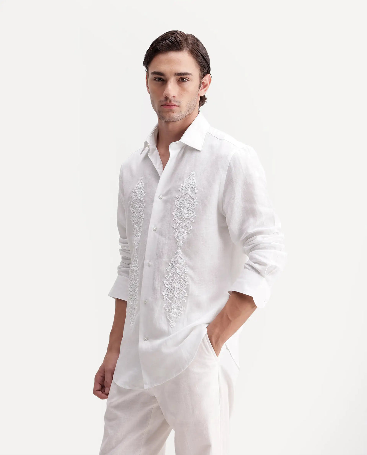 Rare Rabbit Men's Nong White Linen Blend Spread Collar Regular Embroidered Shirt