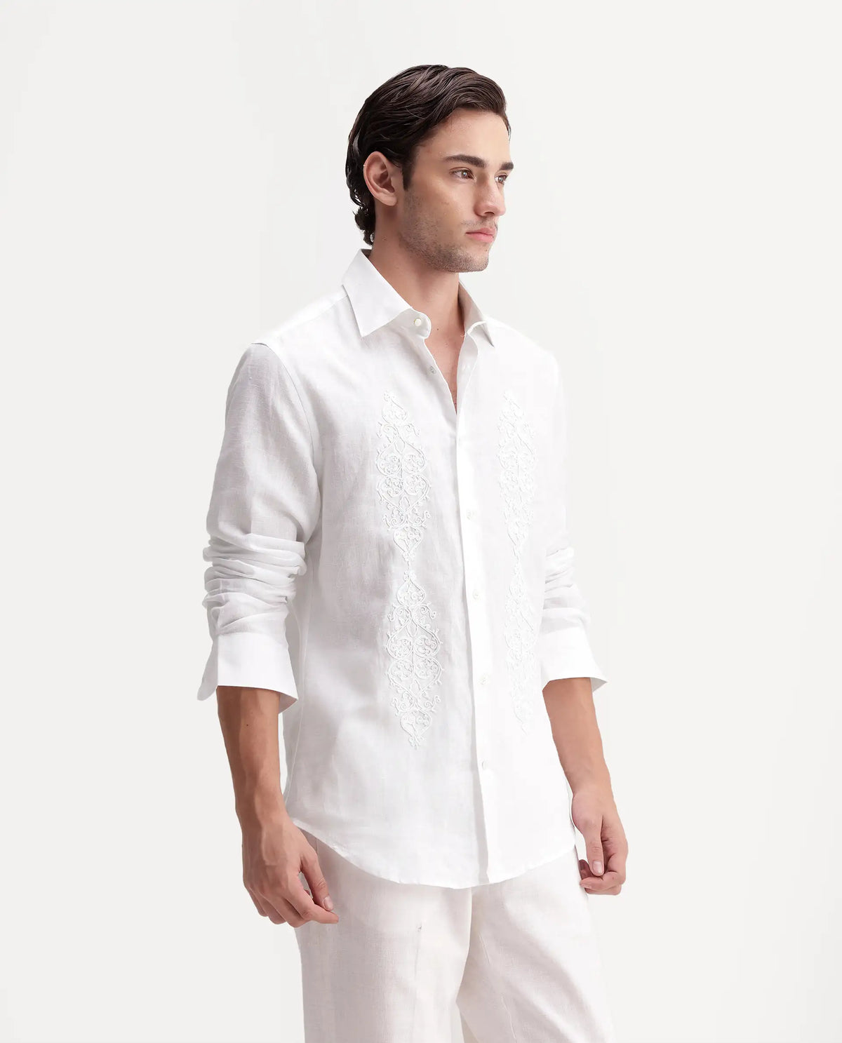 Rare Rabbit Men's Nong White Linen Blend Spread Collar Regular Embroidered Shirt