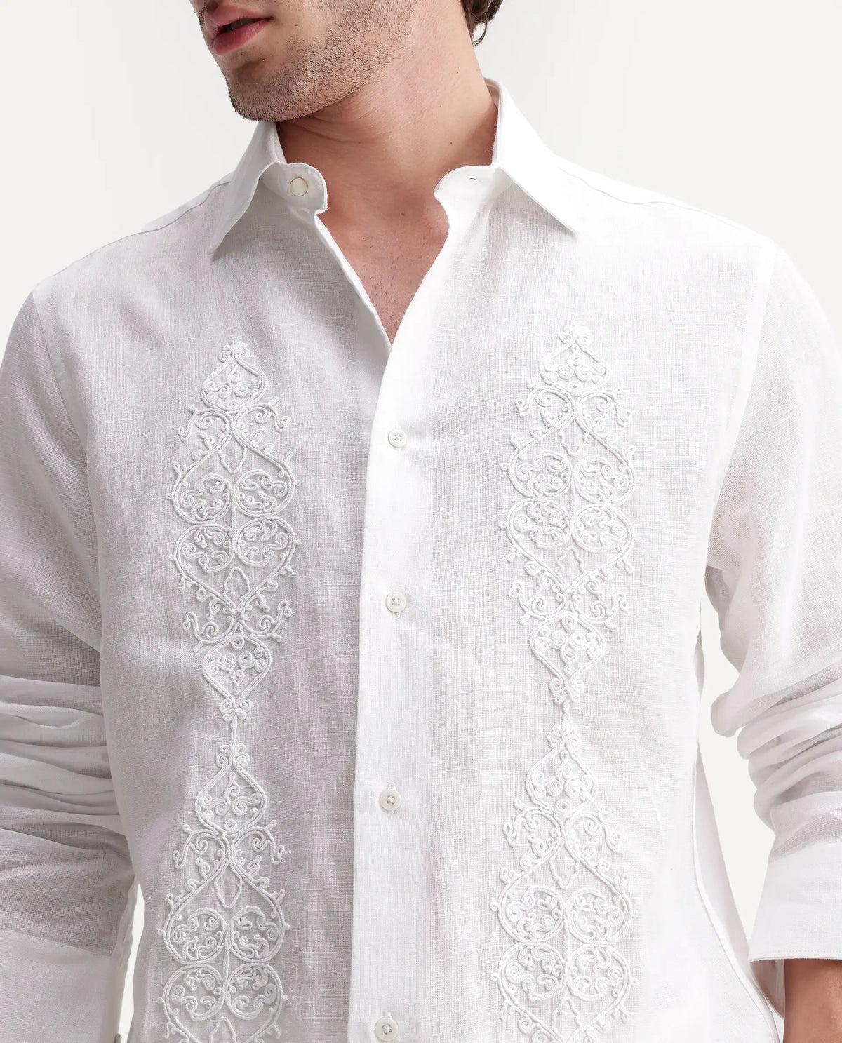 Rare Rabbit Men's Nong White Linen Blend Spread Collar Regular Embroidered Shirt