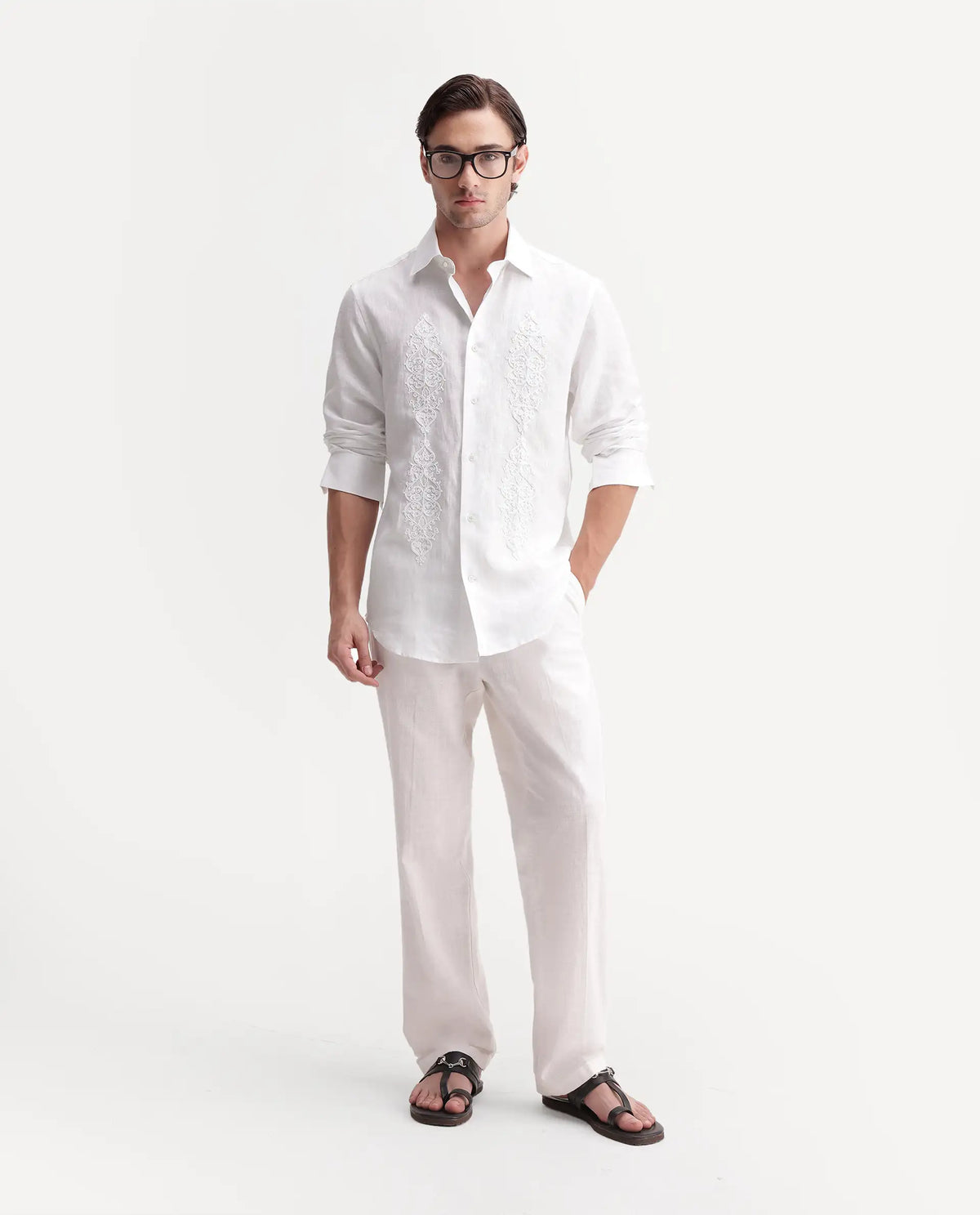 Rare Rabbit Men's Nong White Linen Blend Spread Collar Regular Embroidered Shirt
