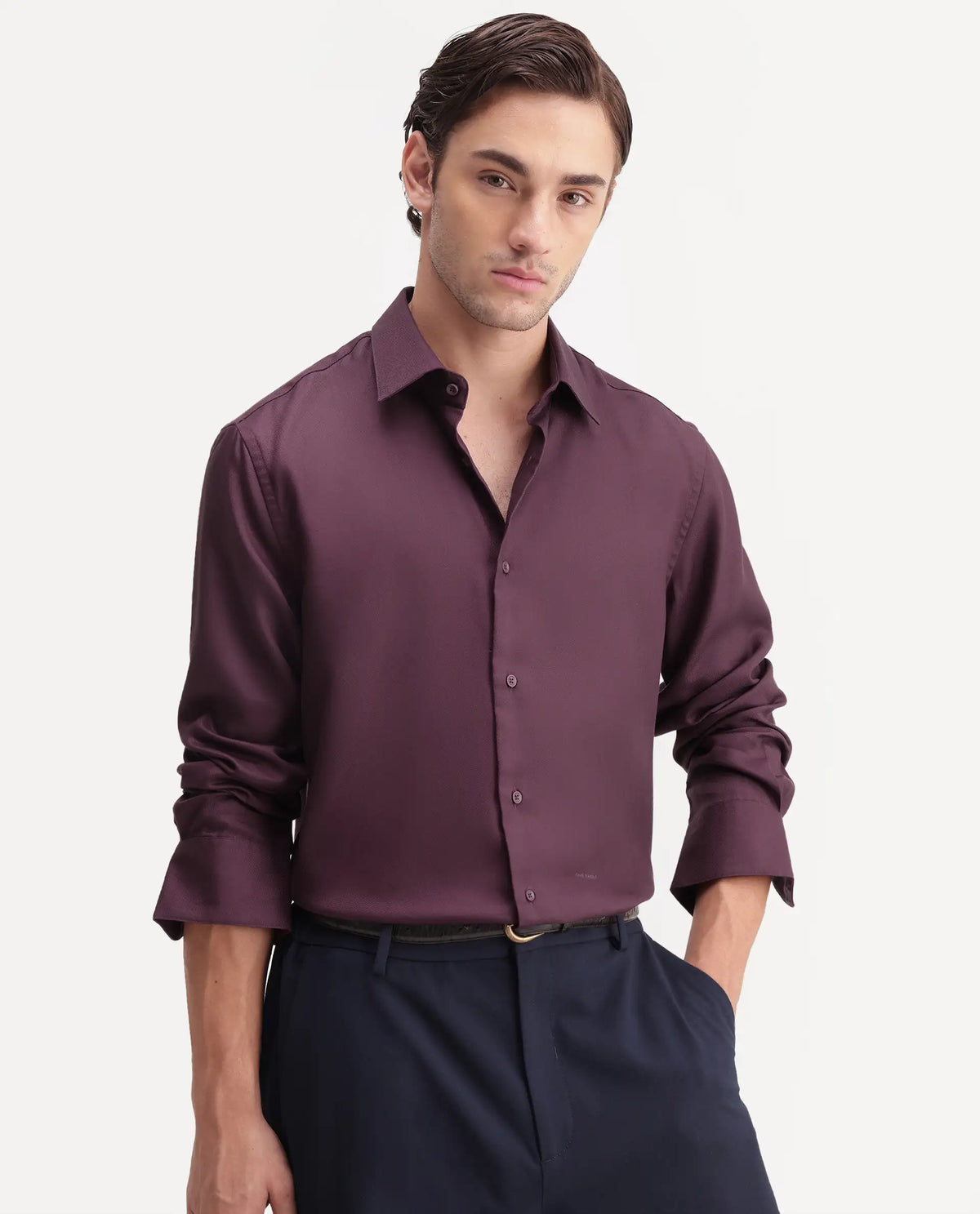 Rare Rabbit Men's Pare Maroon Cotton Blend Button-Down Collar Regular Plain Shirt