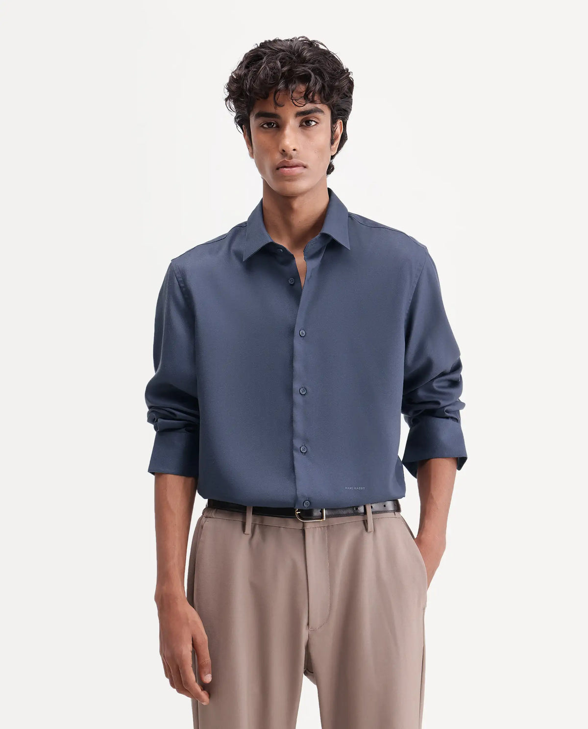 Rare Rabbit Men's Pare Blue Cotton Blend Button-Down Collar Regular Plain Shirt