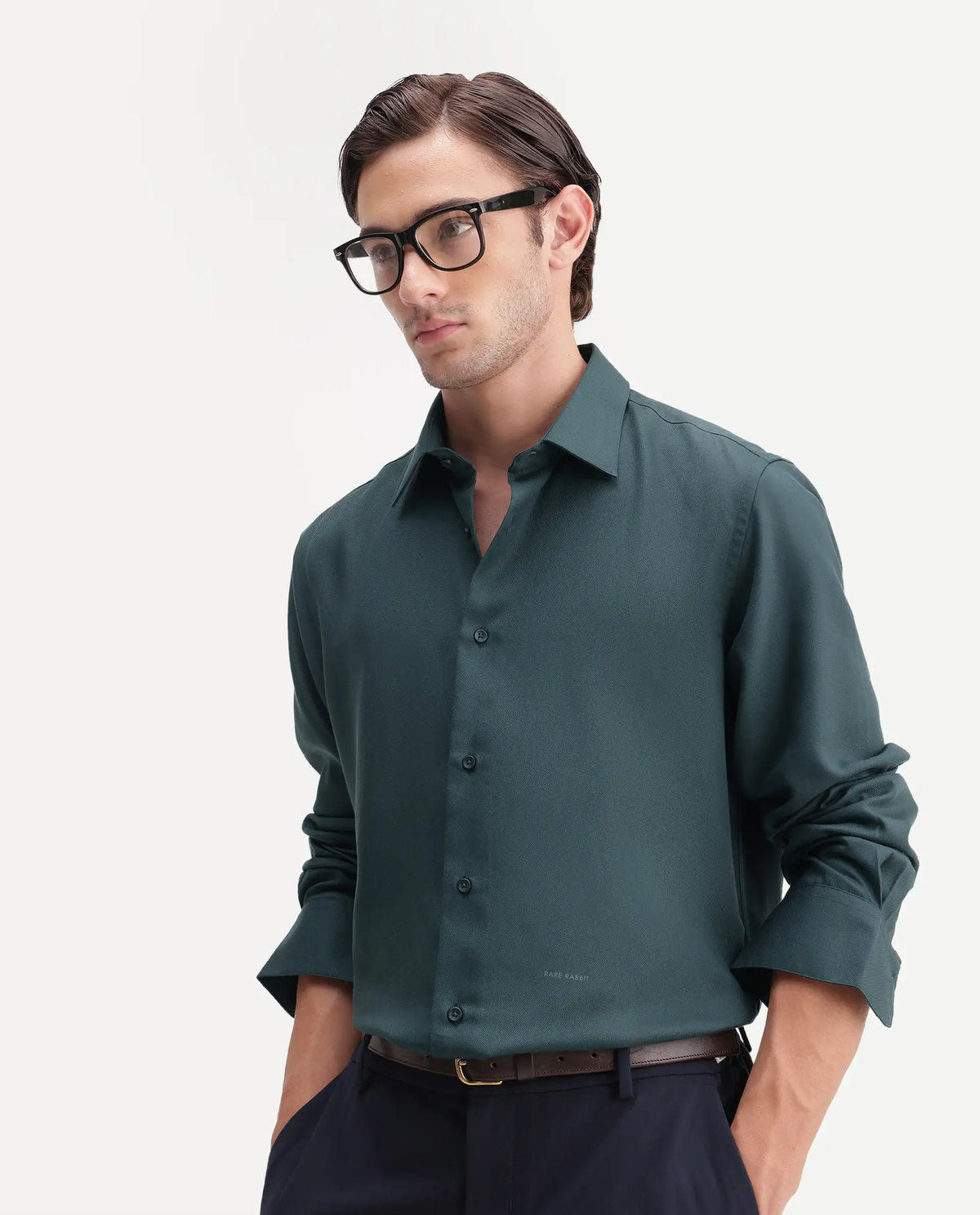 Rare Rabbit Men's Pare Teal Cotton Blend Button-Down Collar Regular Plain Shirt