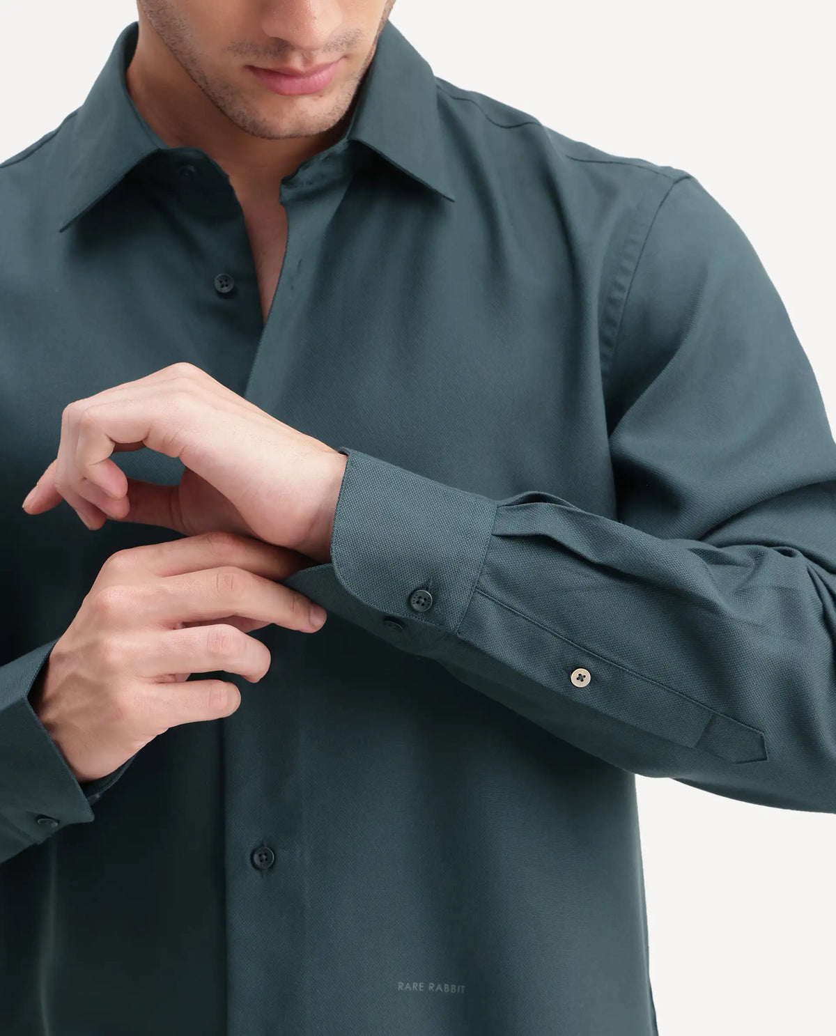 Rare Rabbit Men's Pare Teal Cotton Blend Button-Down Collar Regular Plain Shirt