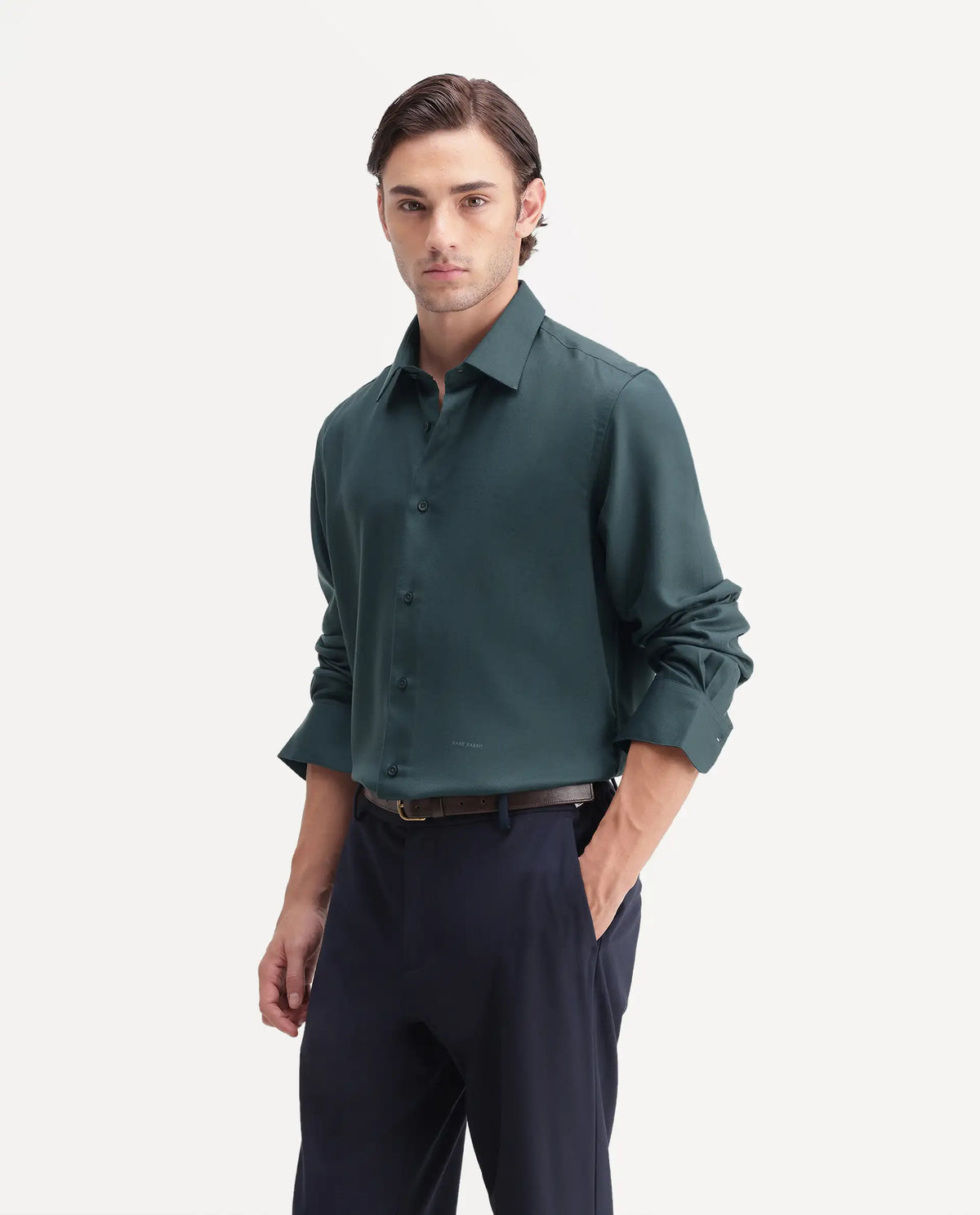 Rare Rabbit Men's Pare Teal Cotton Blend Button-Down Collar Regular Plain Shirt