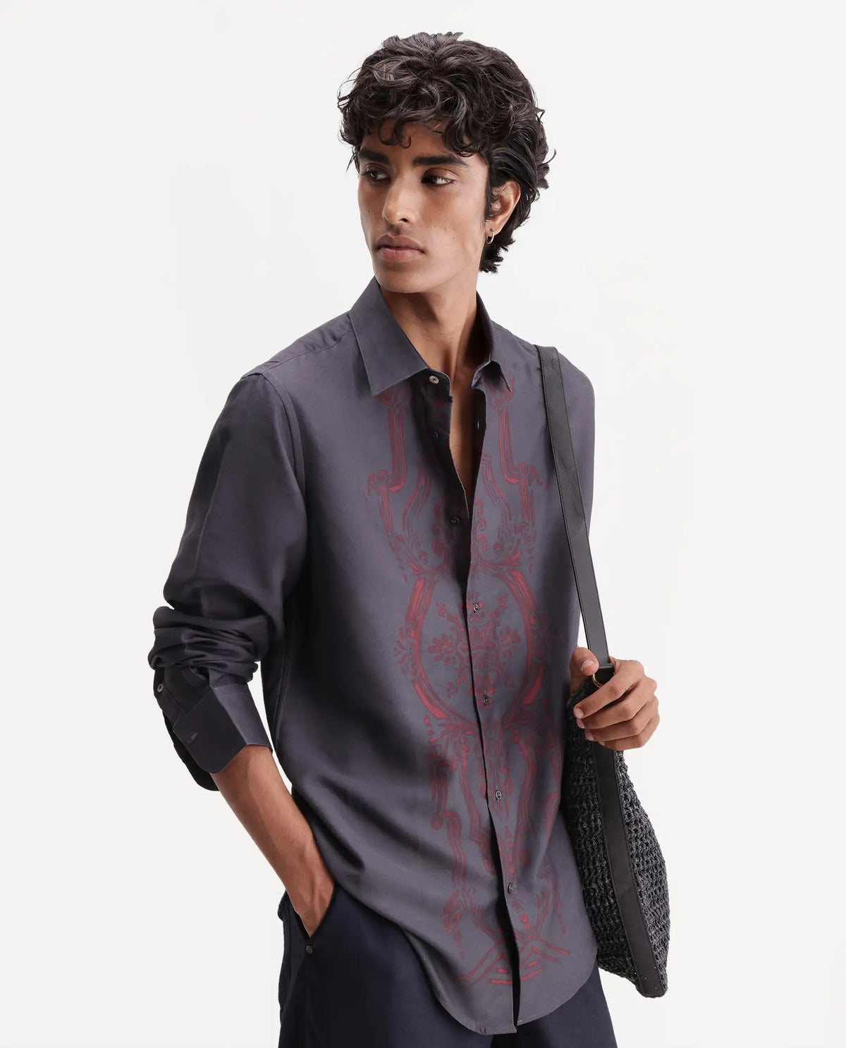 Rare Rabbit Men's Darko Dark Grey Cotton Blend Spread Collar Regular Geometric Print Shirt