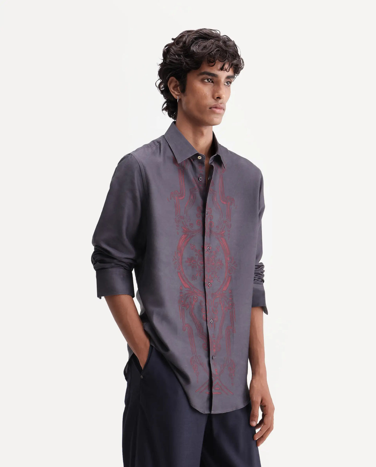 Rare Rabbit Men's Darko Dark Grey Cotton Blend Spread Collar Regular Geometric Print Shirt
