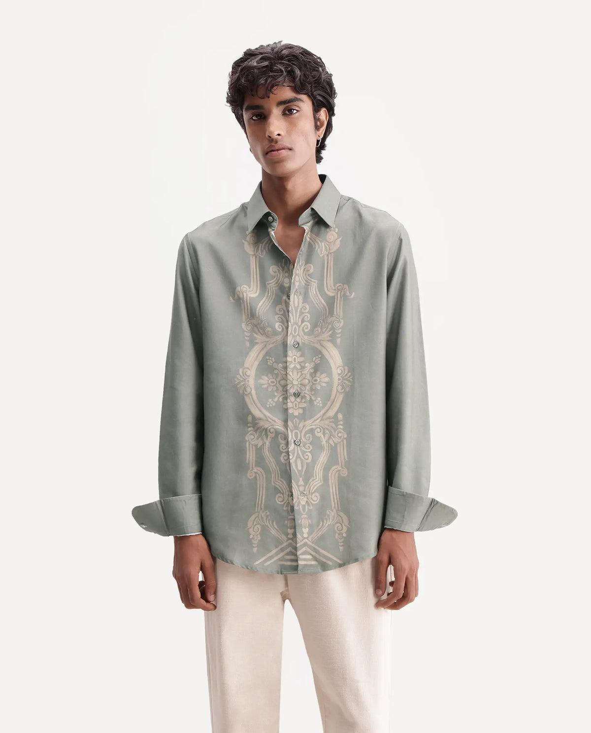 Rare Rabbit Men's Darko Light Green Cotton Blend Spread Collar Regular Geometric Print Shirt