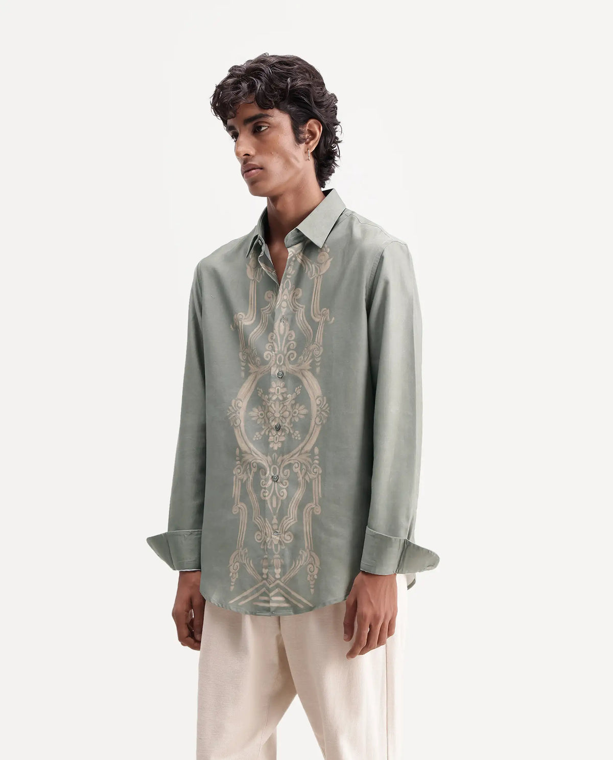 Rare Rabbit Men's Darko Light Green Cotton Blend Spread Collar Regular Geometric Print Shirt