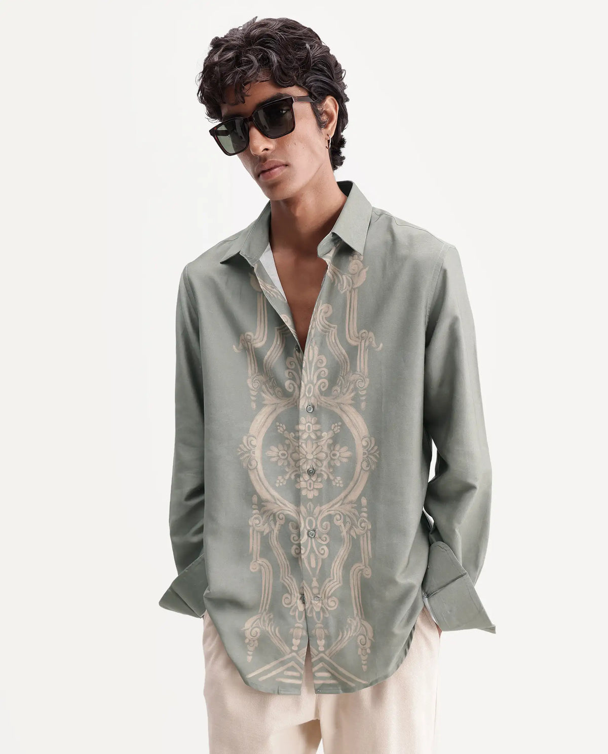 Rare Rabbit Men's Darko Light Green Cotton Blend Spread Collar Regular Geometric Print Shirt