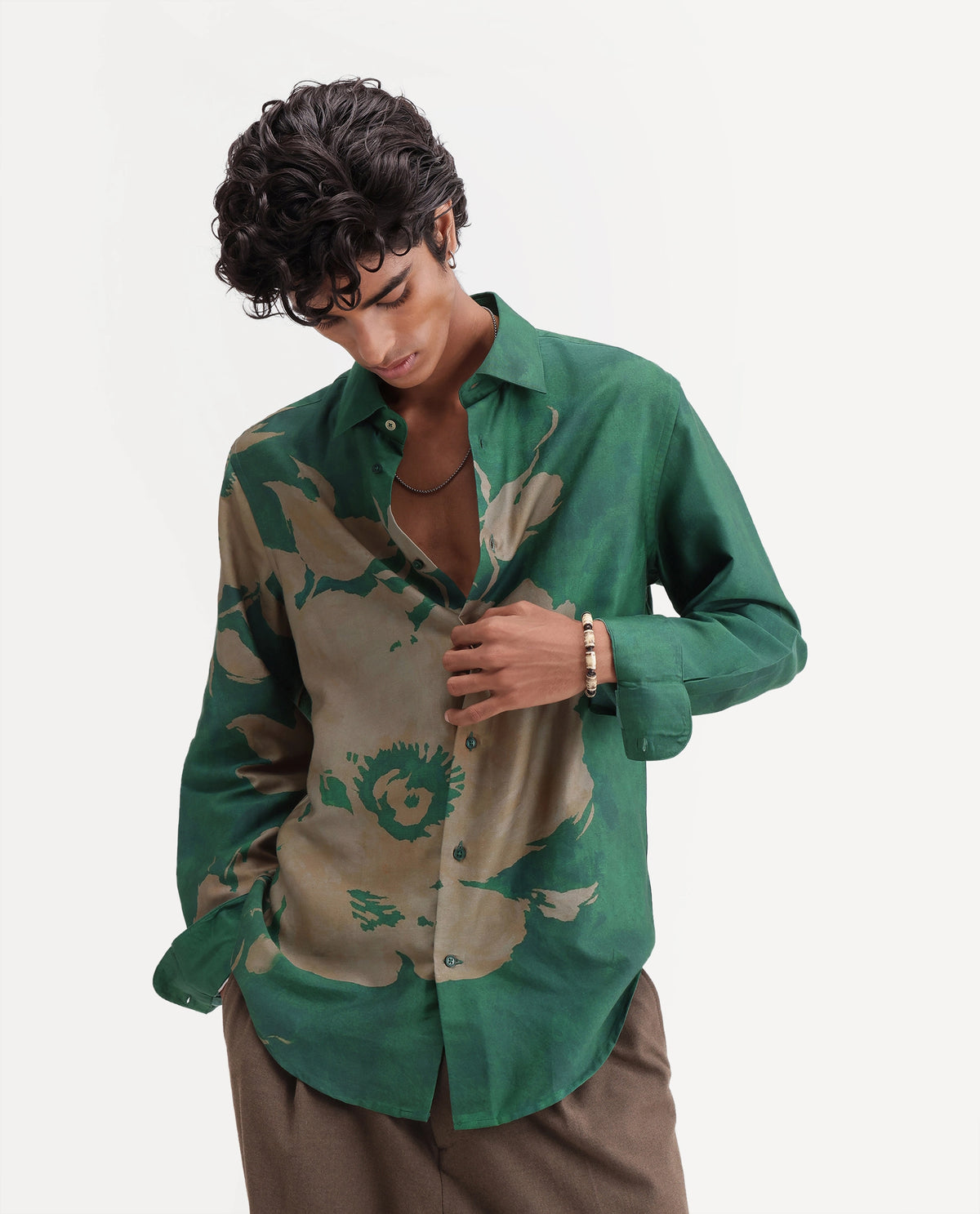 Rare Rabbit Men's Leth Green Cotton Blend Spread Collar Regular Floral Print Shirt