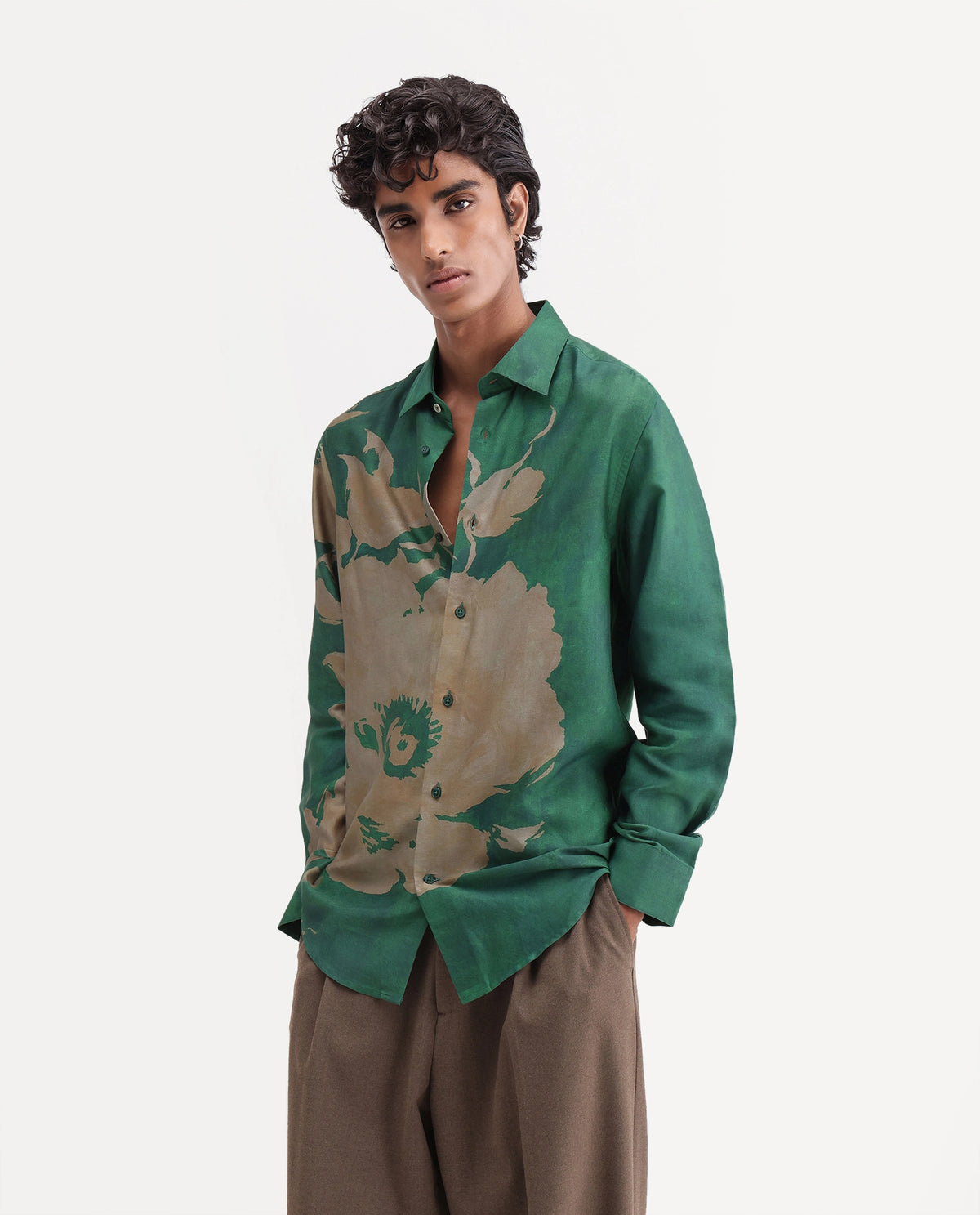 Rare Rabbit Men's Leth Green Cotton Blend Spread Collar Regular Floral Print Shirt