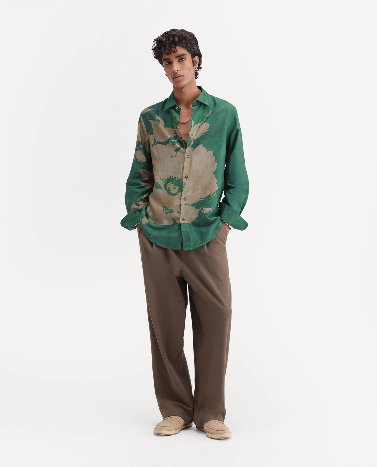Rare Rabbit Men's Leth Green Cotton Blend Spread Collar Regular Floral Print Shirt